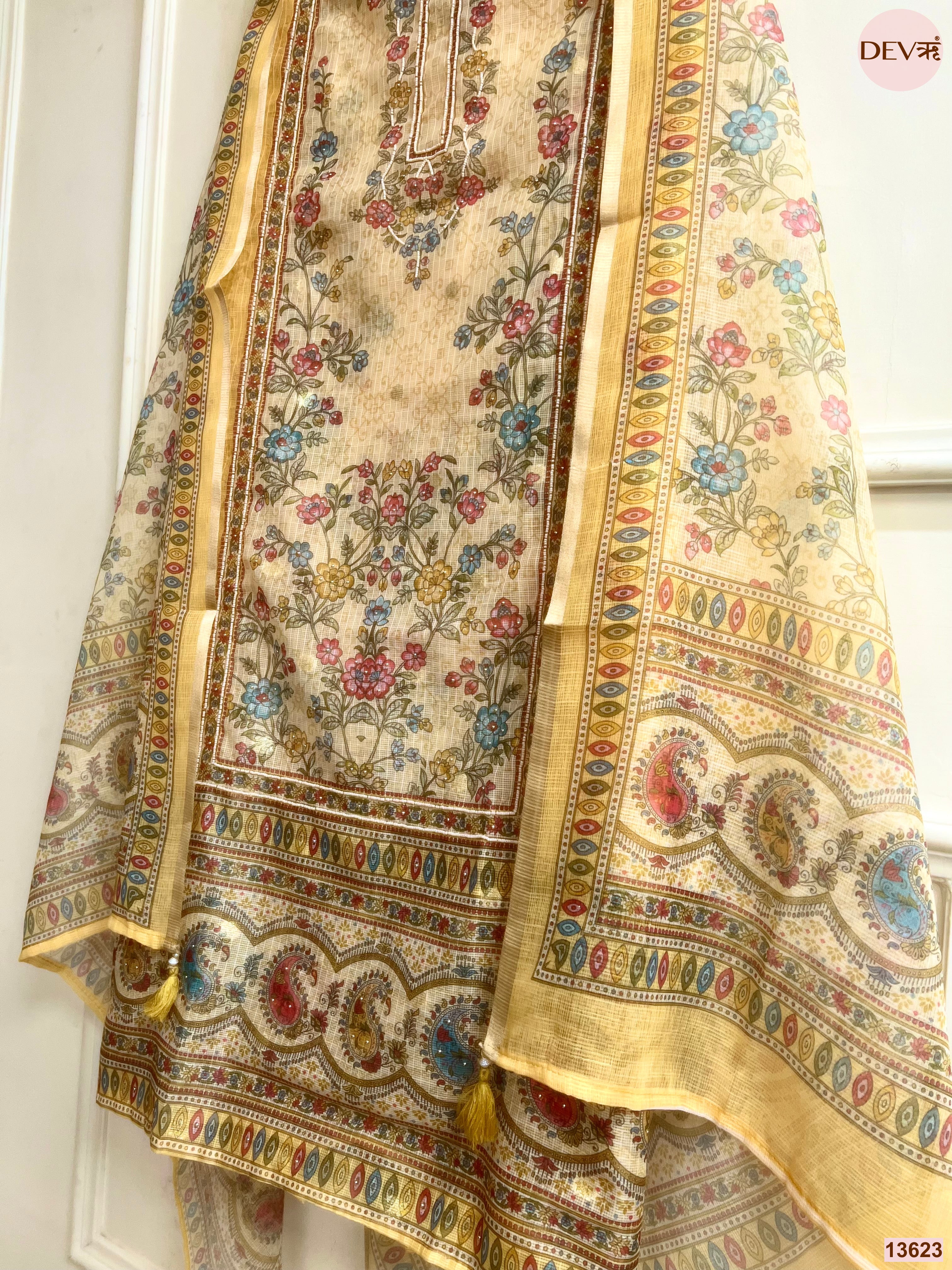 Beige Kota Zari Printed Unstitched 3-Piece Suit (Devri – D.No 13623)