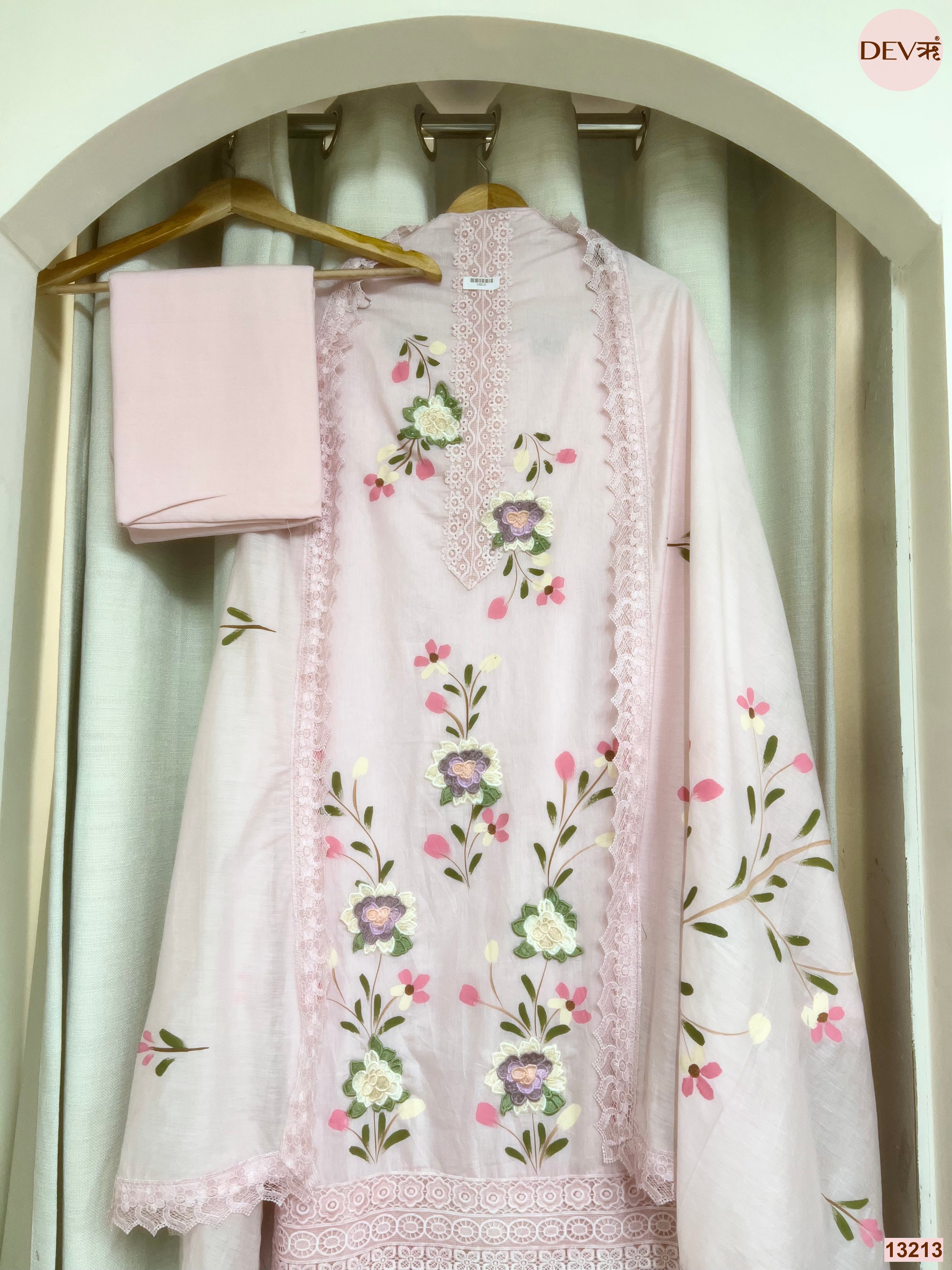 Pink Mul Chanderi Embroidered Unstitched 3-Piece Suit (Devri – D.No 13213)