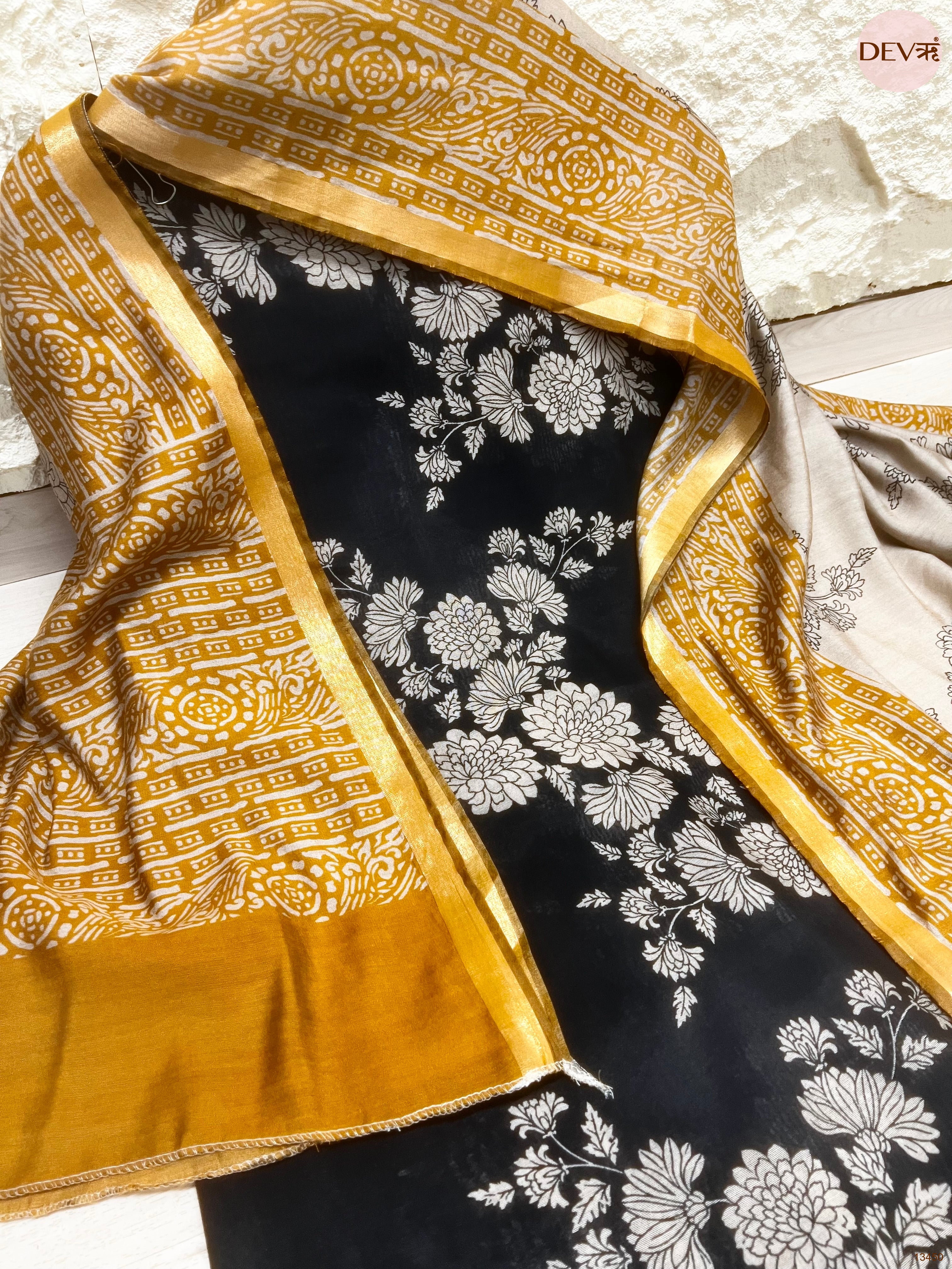 Black Maheshwari Silk Printed Unstitched 3-Piece Suit (Devri – D.No 13450)