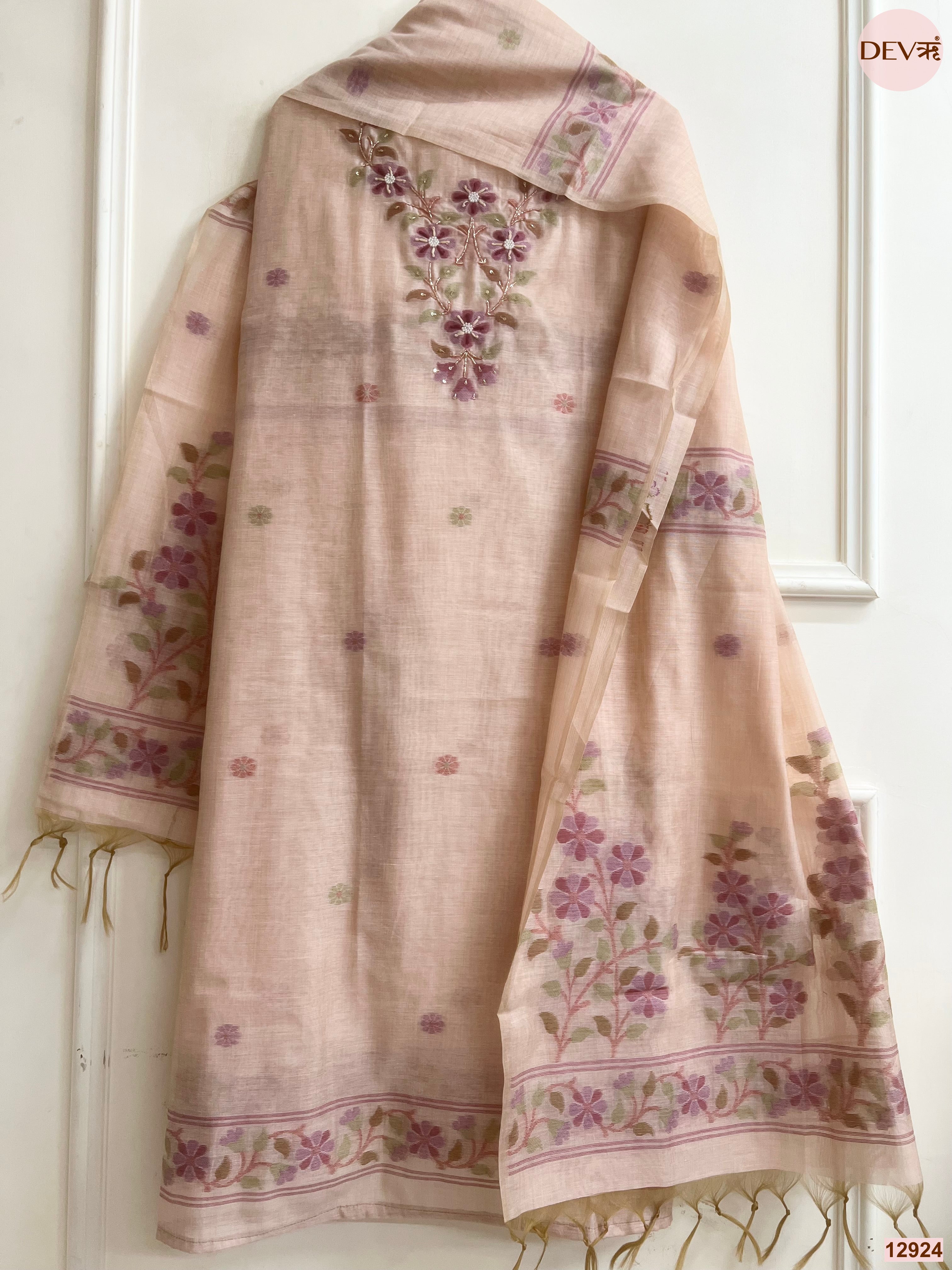 Peach Jamdani Cotton Embroidered Unstitched 3-Piece Suit (Devri – D.No 12924)