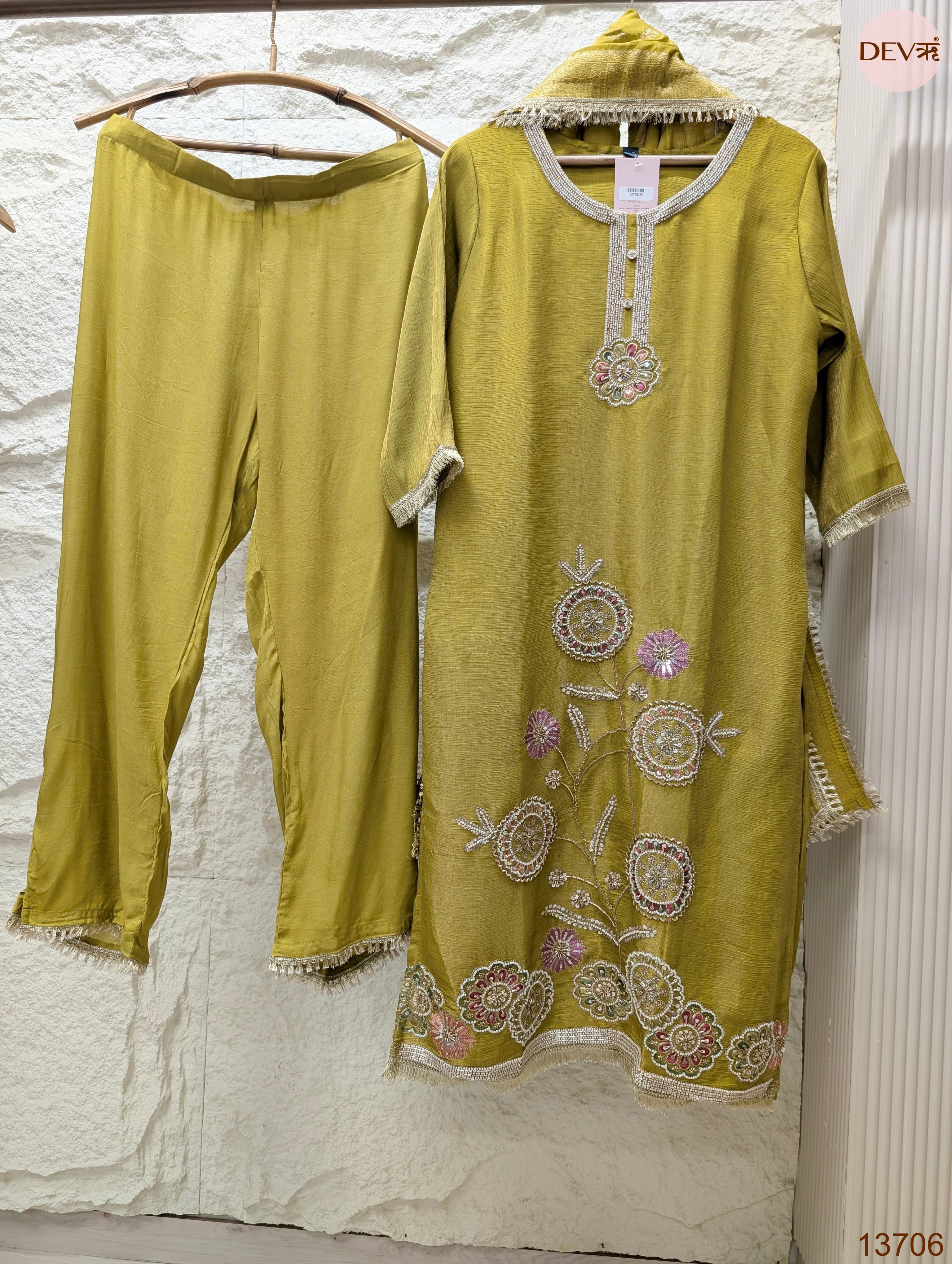 Gulnaar Tissue silk blend Embroidered Olive Green 3-Piece Set (Devri – D.No 13706)