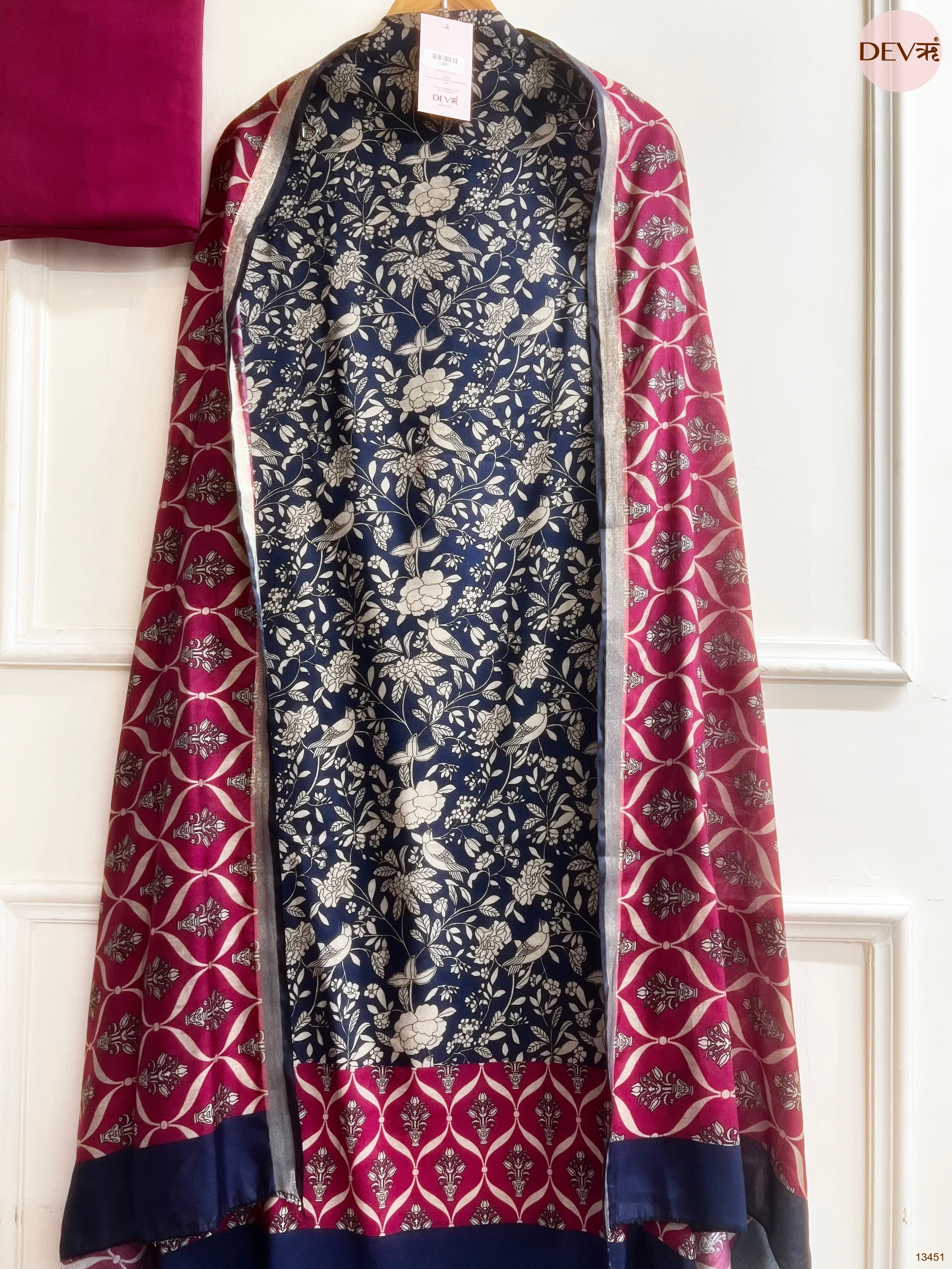 Navy Maheshwari Silk Printed Unstitched 3-Piece Suit (Devri – D.No 13451)