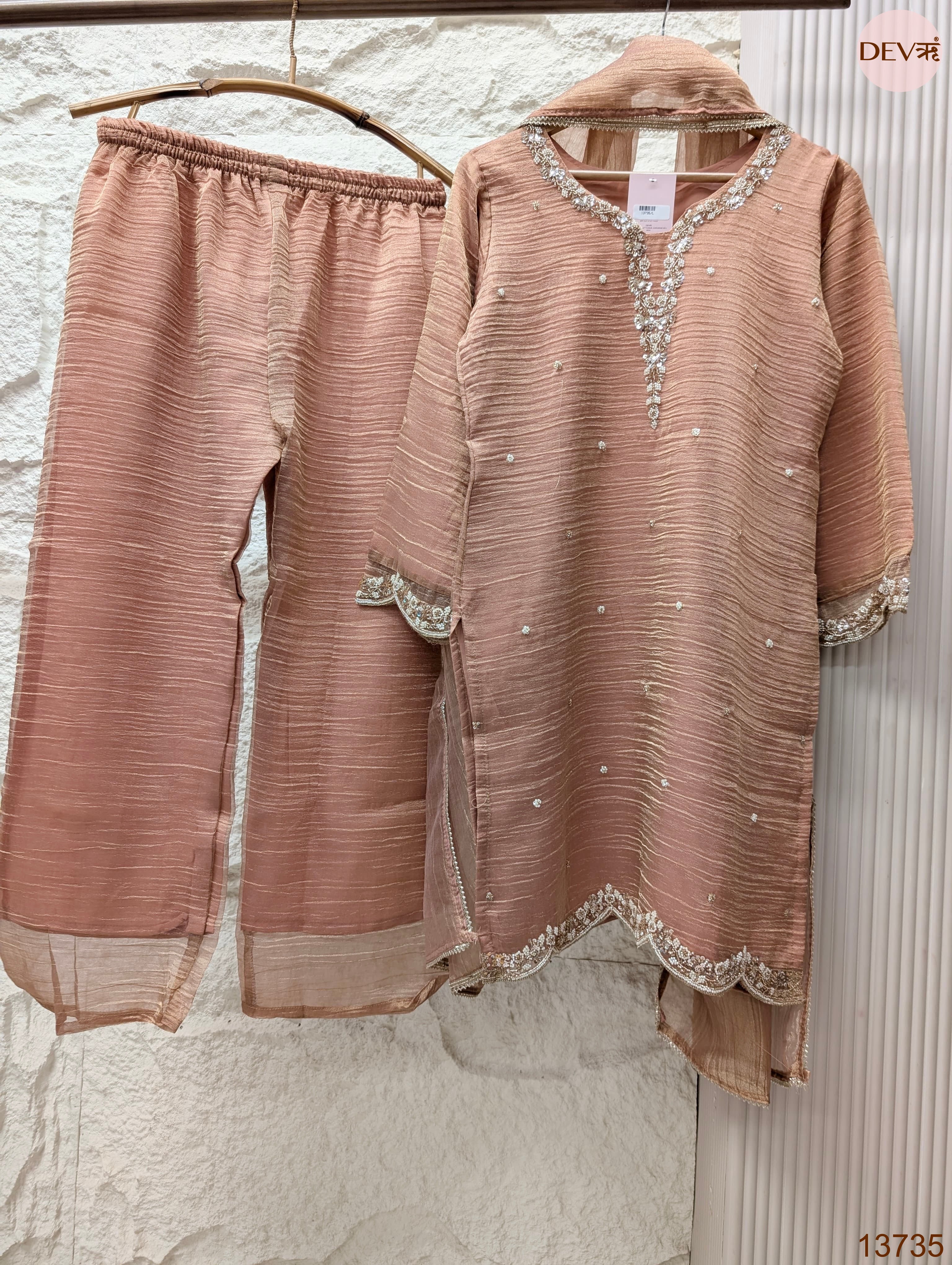 Gulnaar Tissue crush Silk Embroidered Blush Pink 3-Piece Set (Devri – D.No 13735)