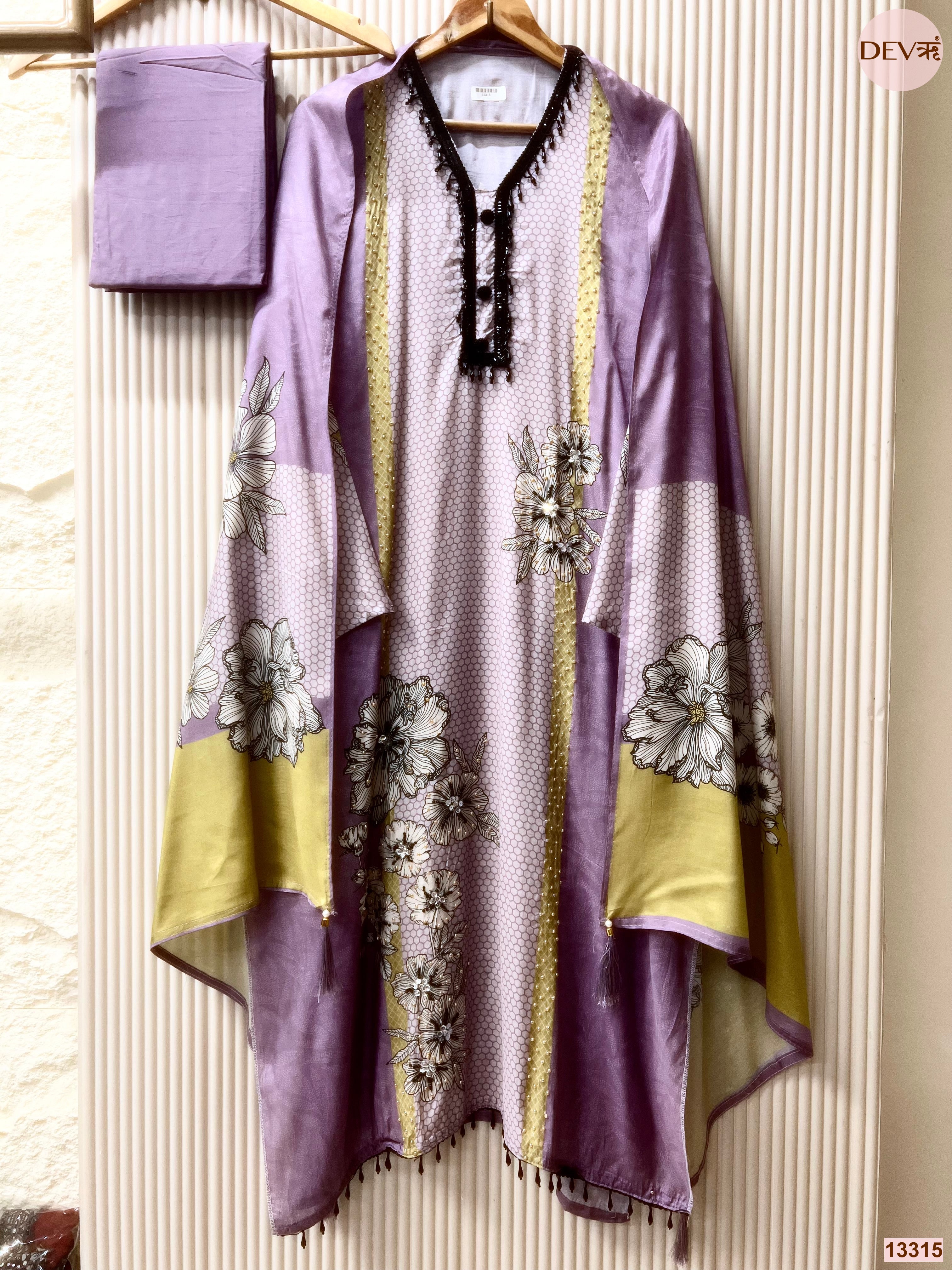 Purple Muslin Printed Unstitched 3-Piece Suit (Devri – D.No 13315)