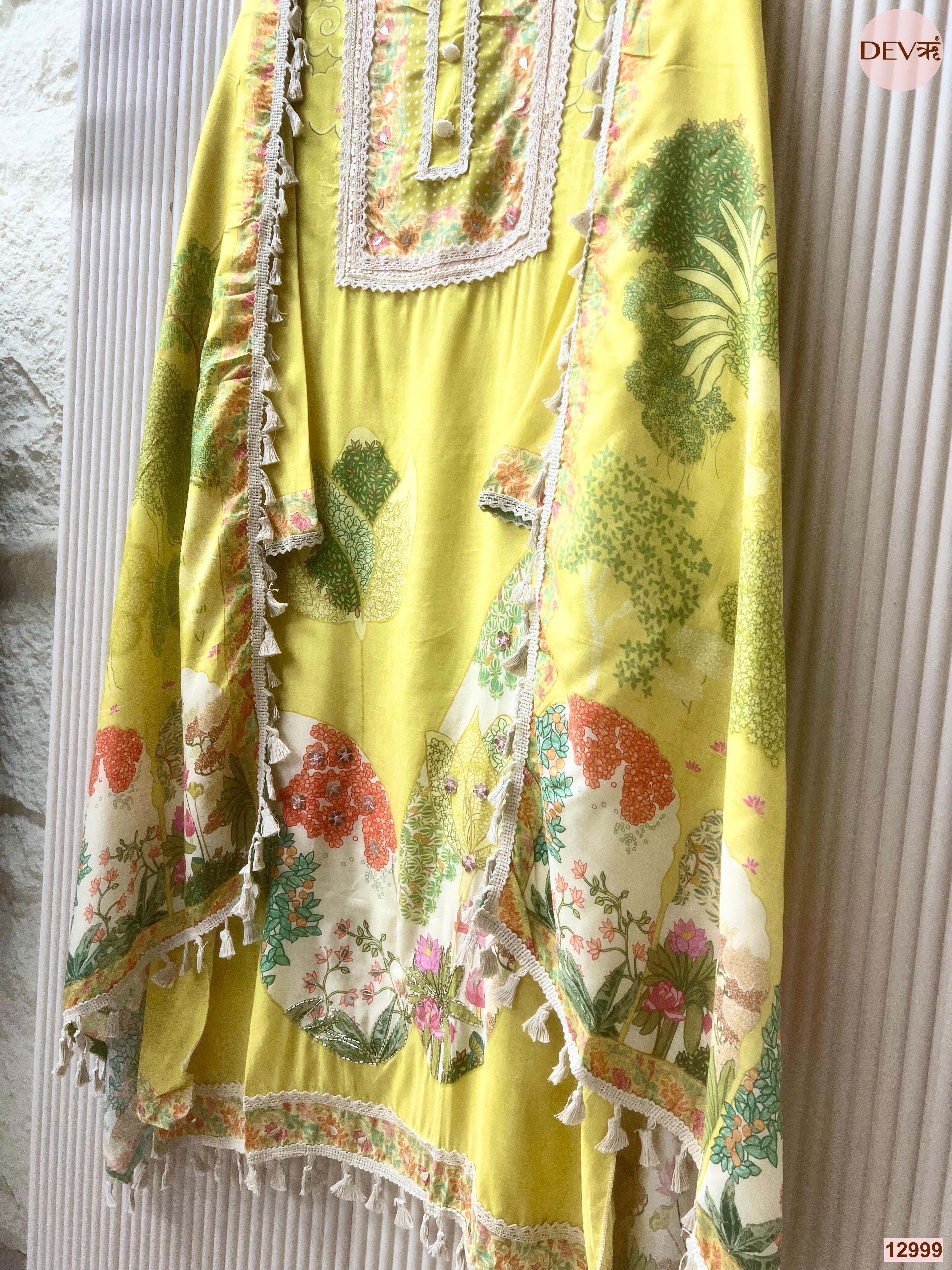 Yellow Muslin Printed Unstitched 3-Piece Suit (Devri – D.No 12999)