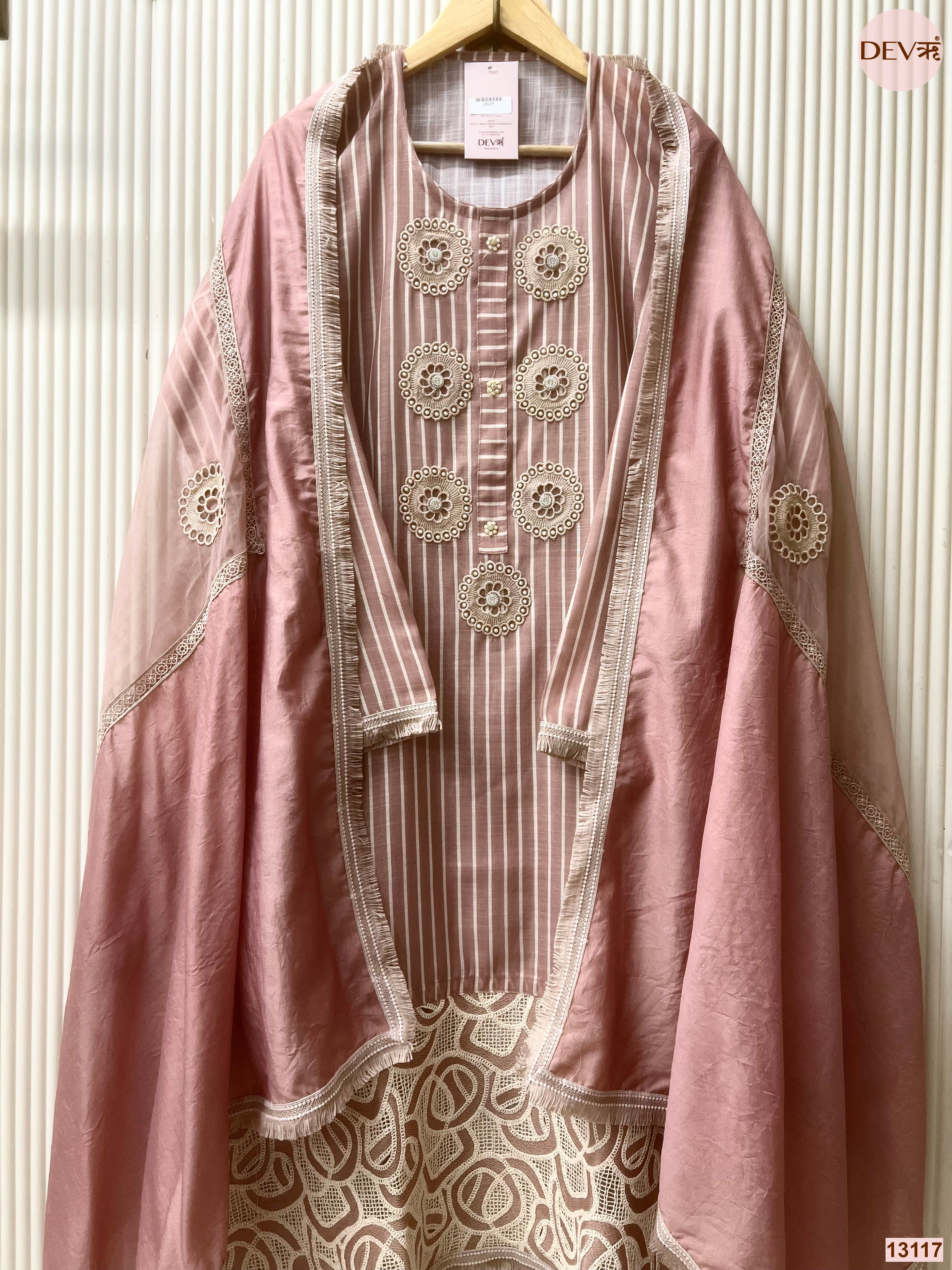 Pink Linen Cotton Embroidered Unstitched 3-Piece Suit (Devri – D.No 13117)