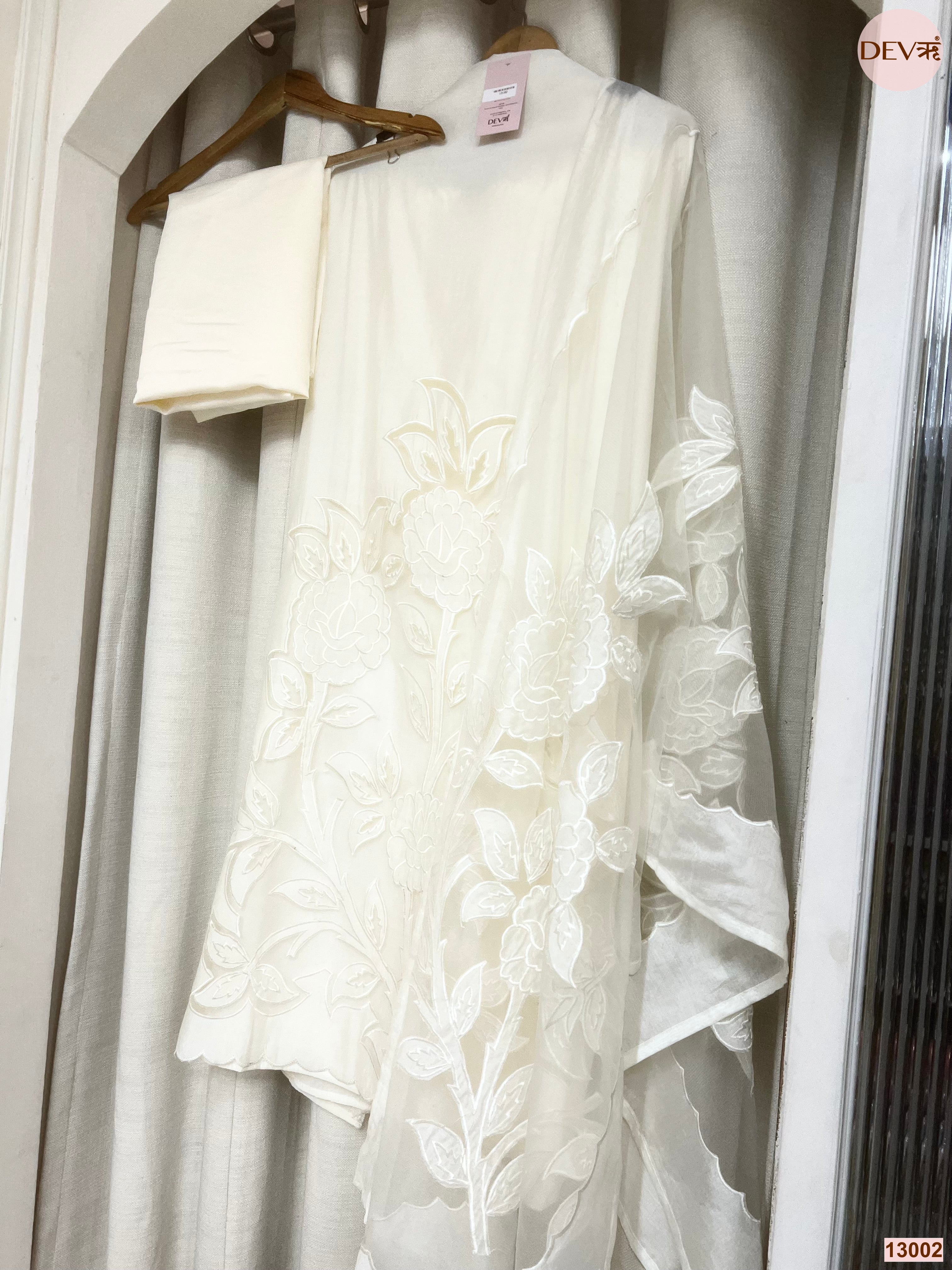 Cream Roman Silk Embroidered Unstitched 3-Piece Suit (Devri – D.No 13002)
