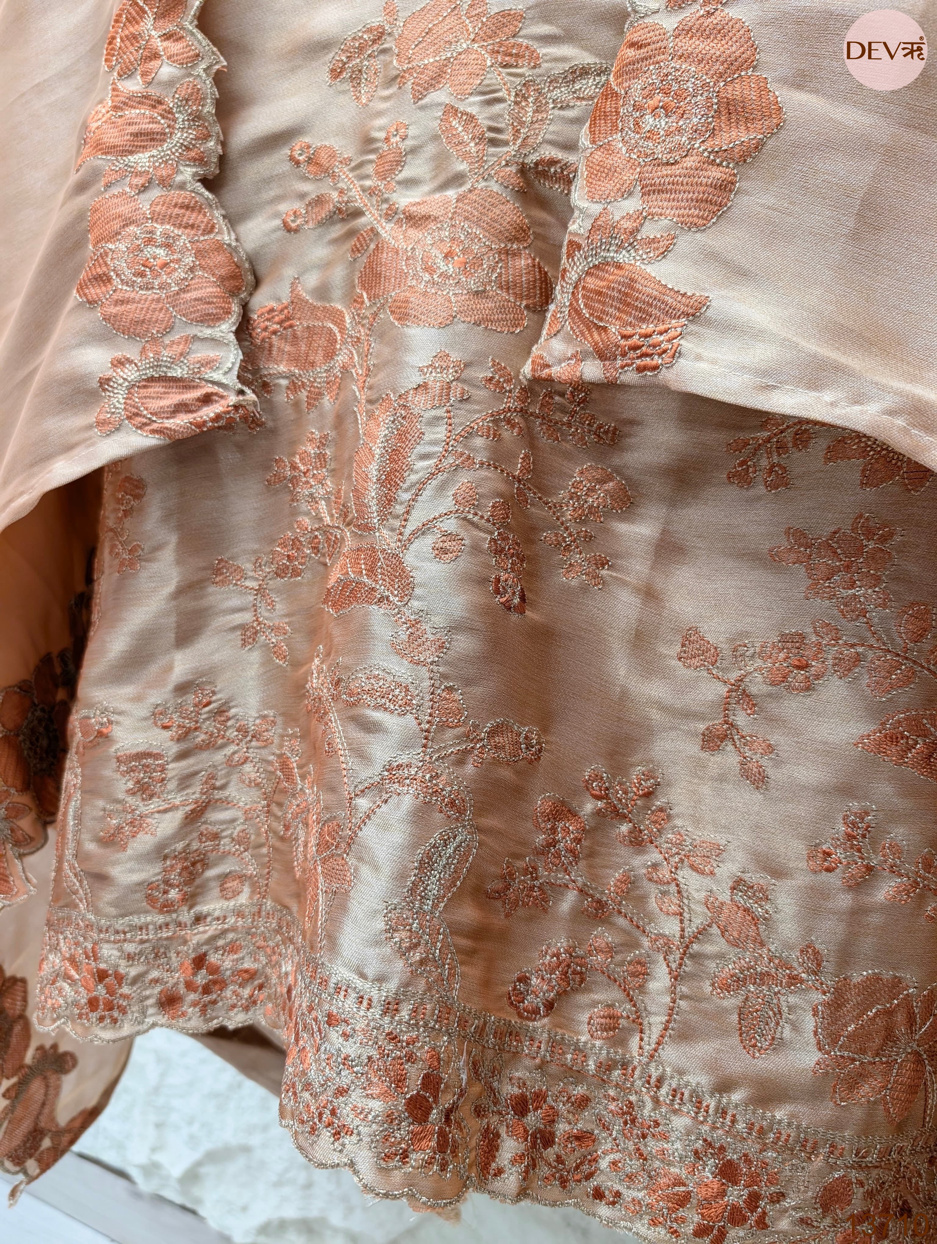 Peach Silk Blend Embroidered Unstitched 3-Piece Suit (Devri – D.No 13710)