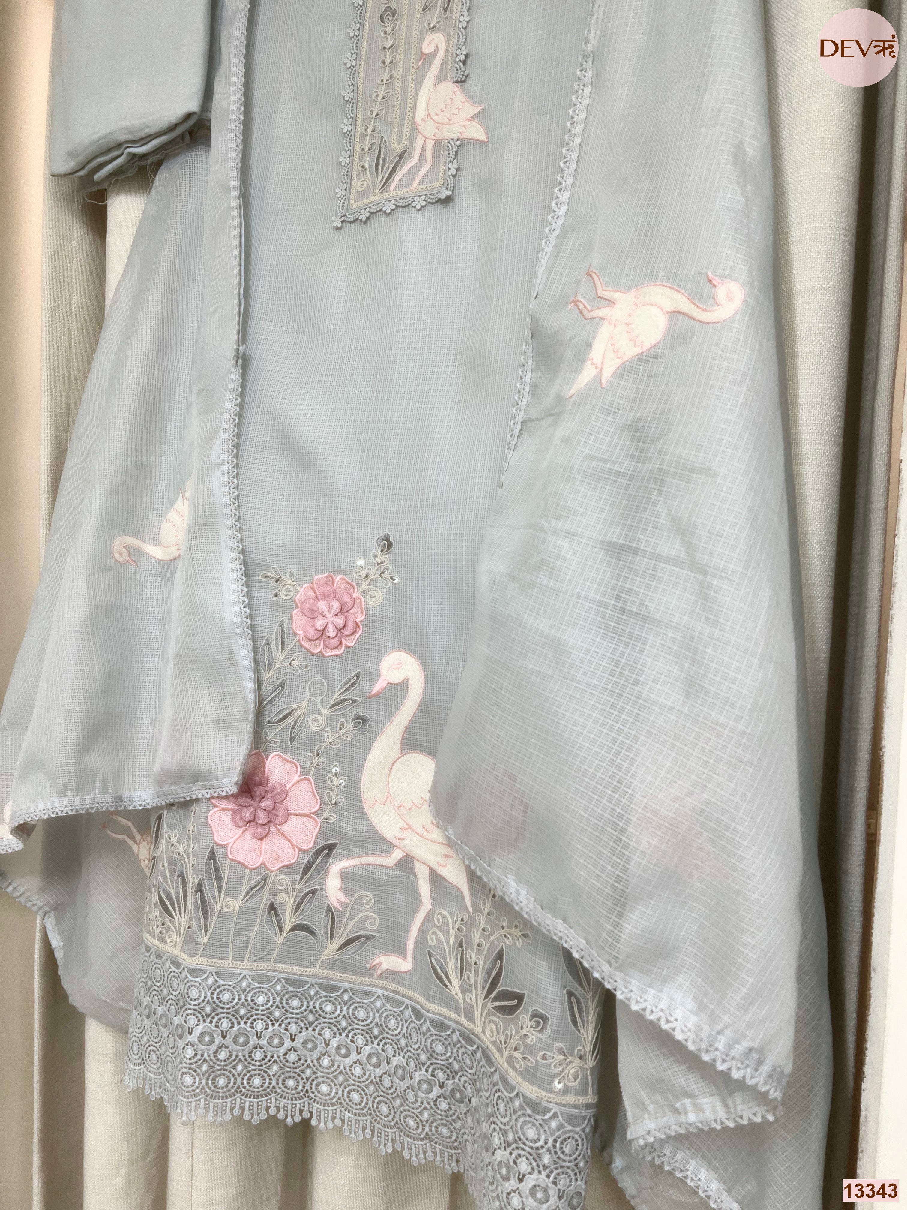 Grey Kota Embroidered Unstitched 3-Piece Suit (Devri – D.No 13343)