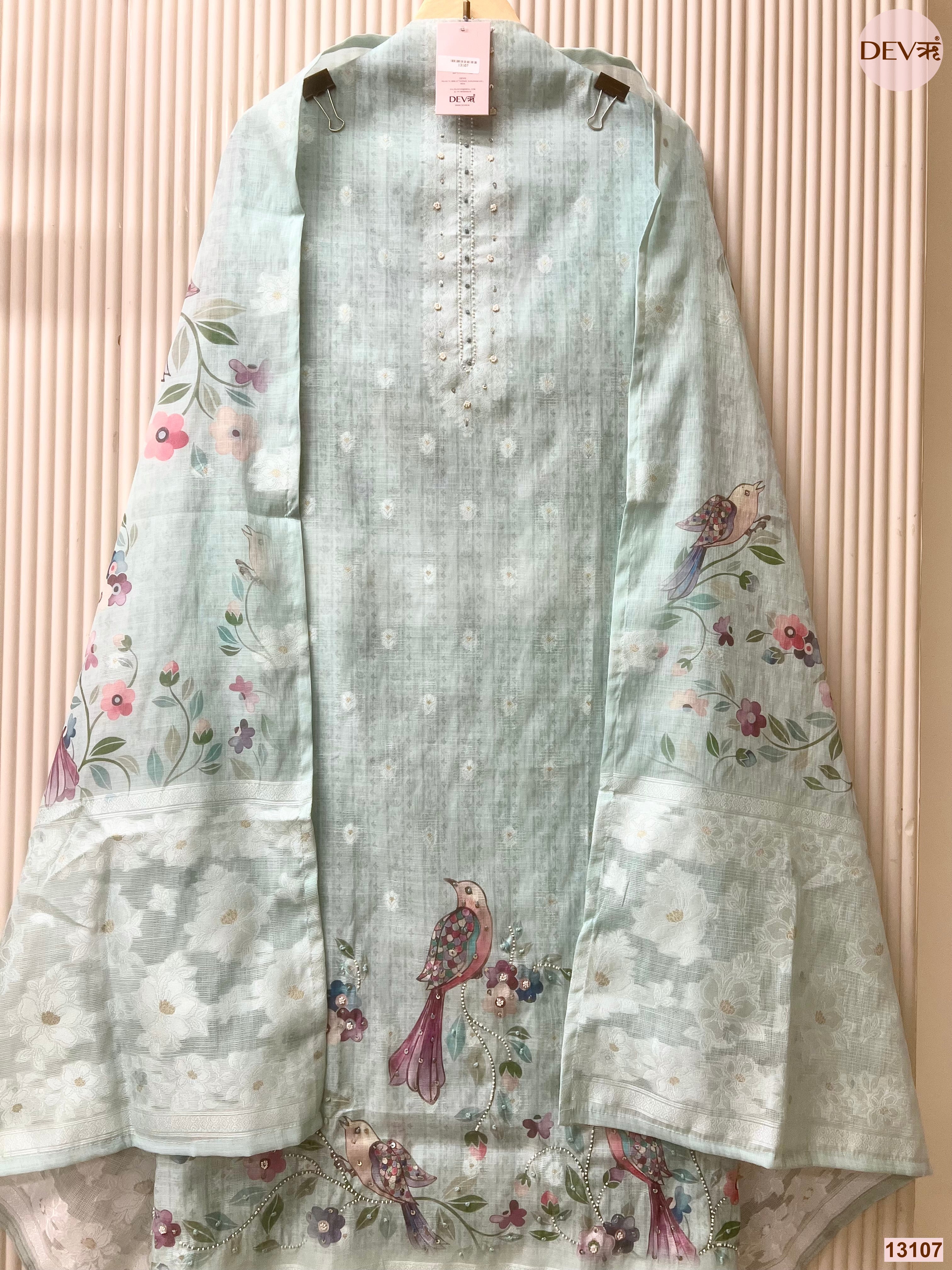 Aqua Linen Cotton Printed Unstitched 3-Piece Suit (Devri – D.No 13107)