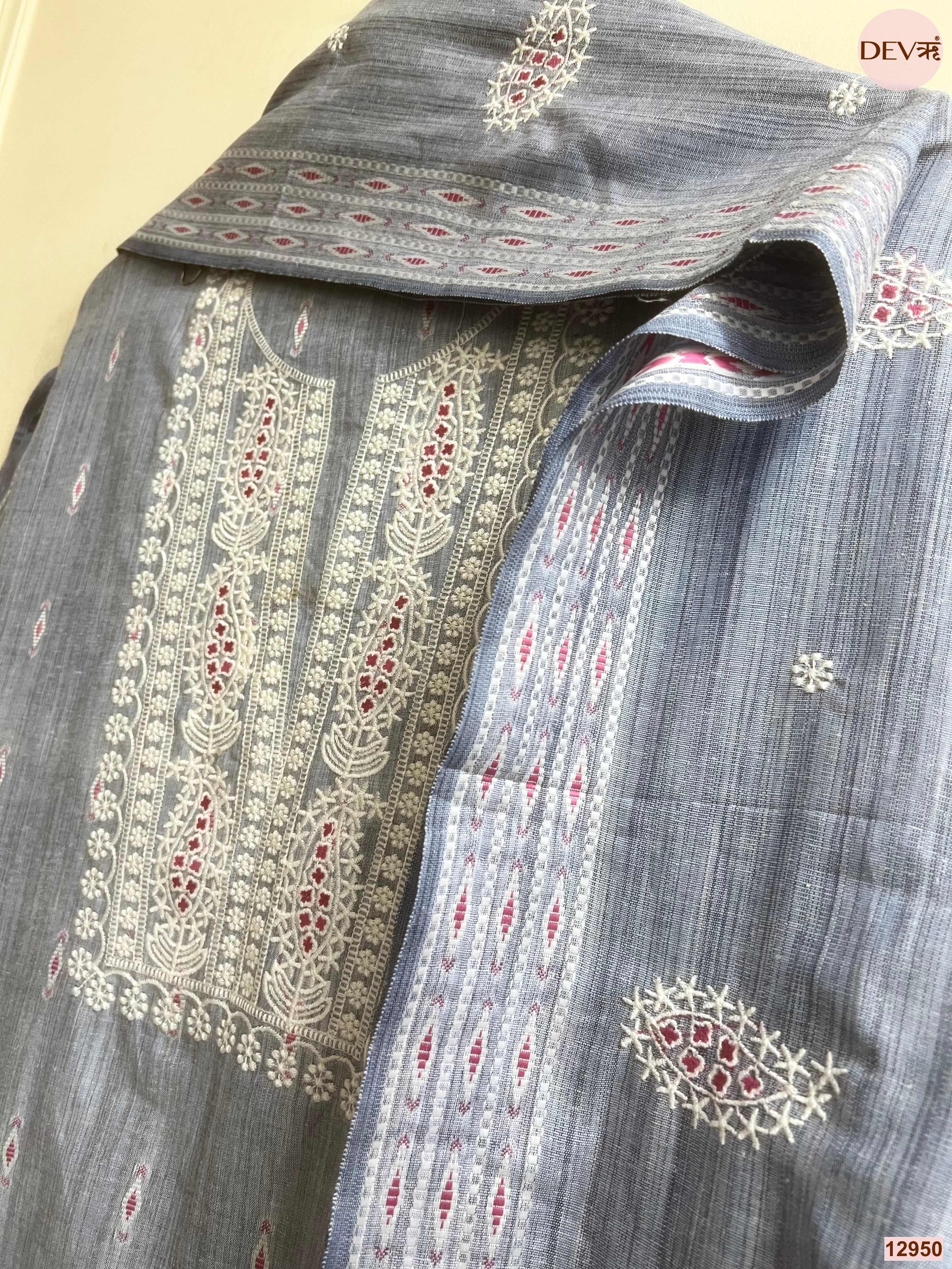 Grey Cotton Handloom Embroidered Unstitched 3-Piece Suit (Devri – D.No 12950)