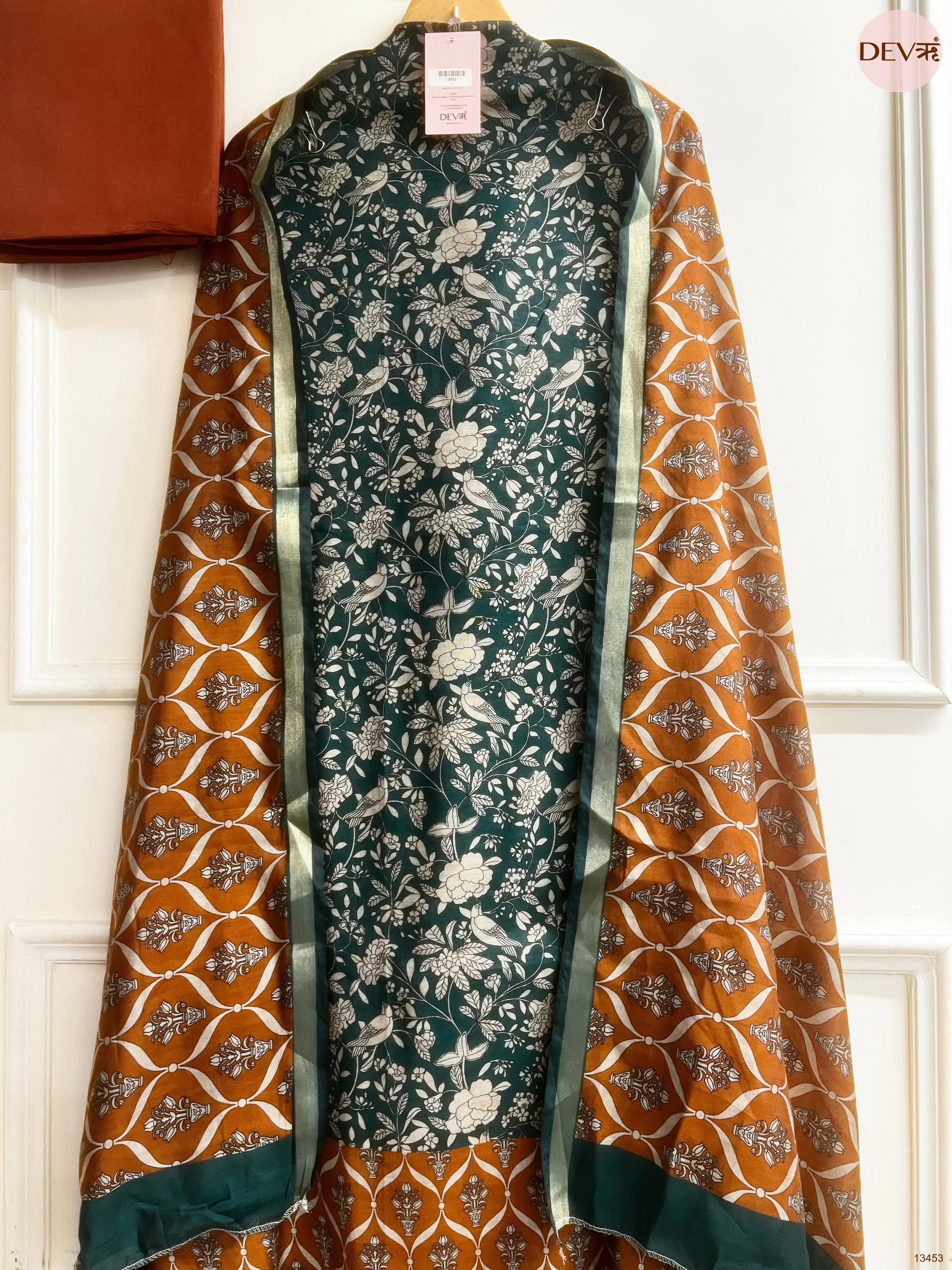 Teal Maheshwari Silk Printed Unstitched 3-Piece Suit (Devri – D.No 13453)