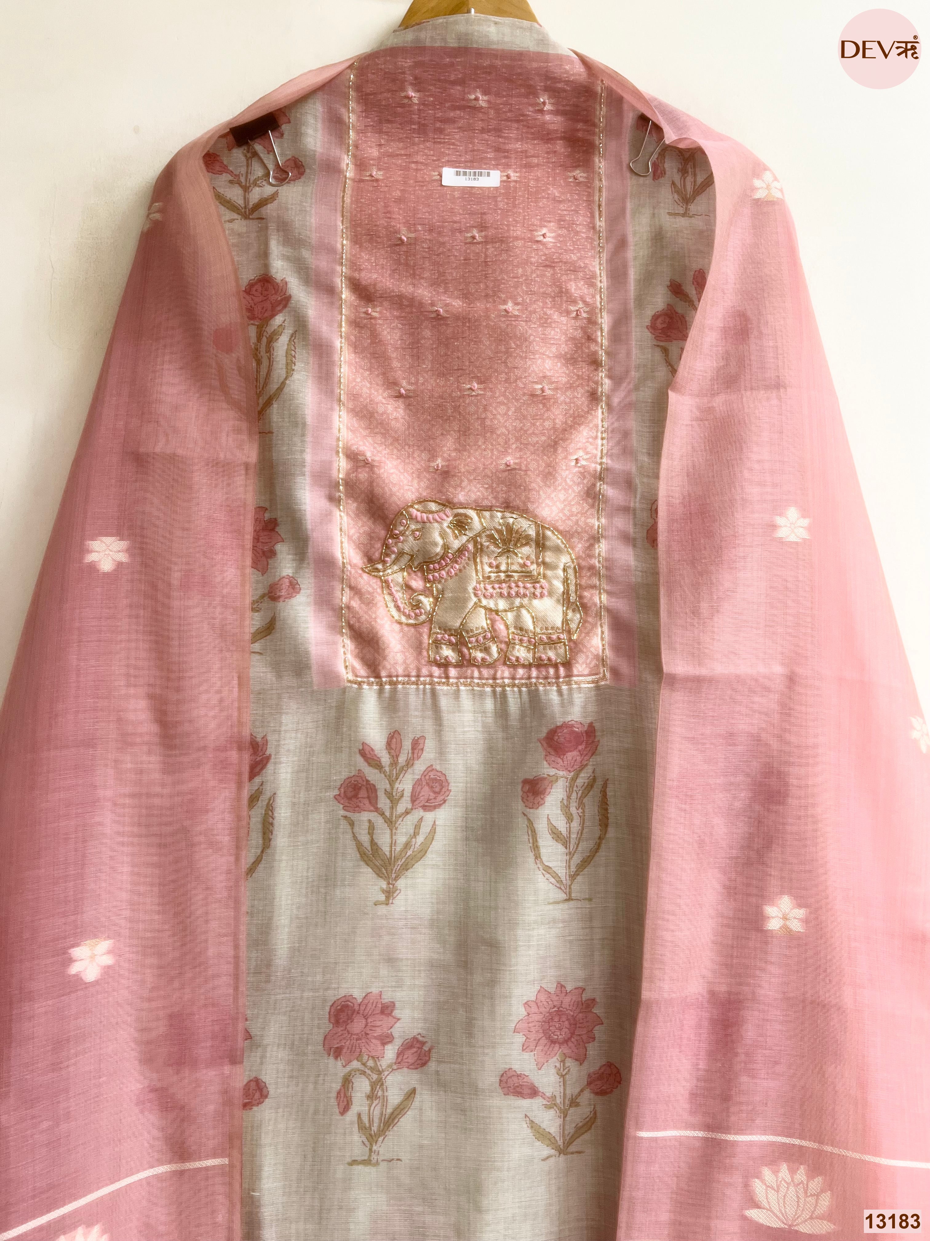 Pink Mul Chanderi Printed Unstitched 3-Piece Suit (Devri – D.No 13183)