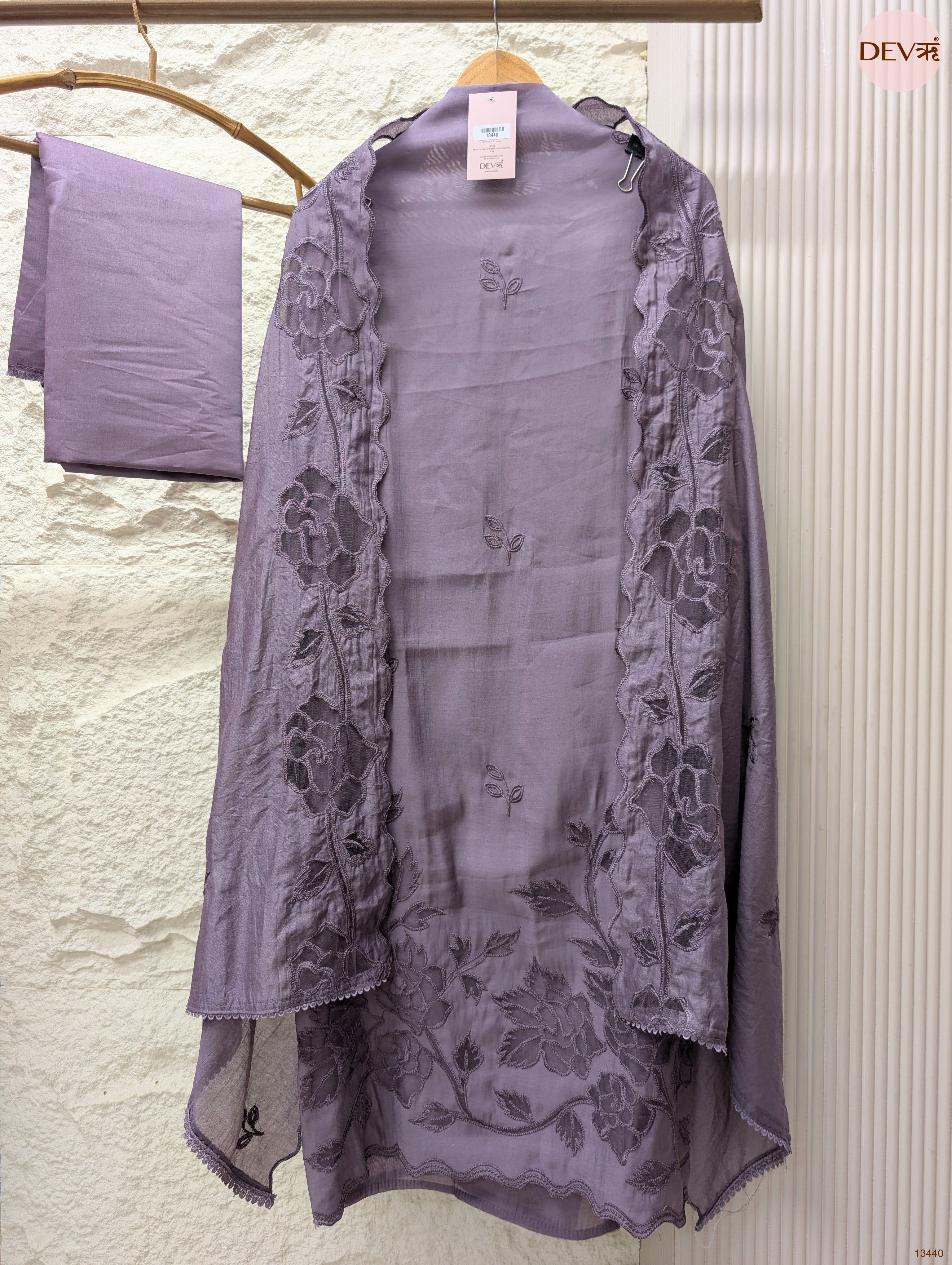 Purple Mul Chanderi Embroidered Unstitched 3-Piece Suit (Devri – D.No 13440)