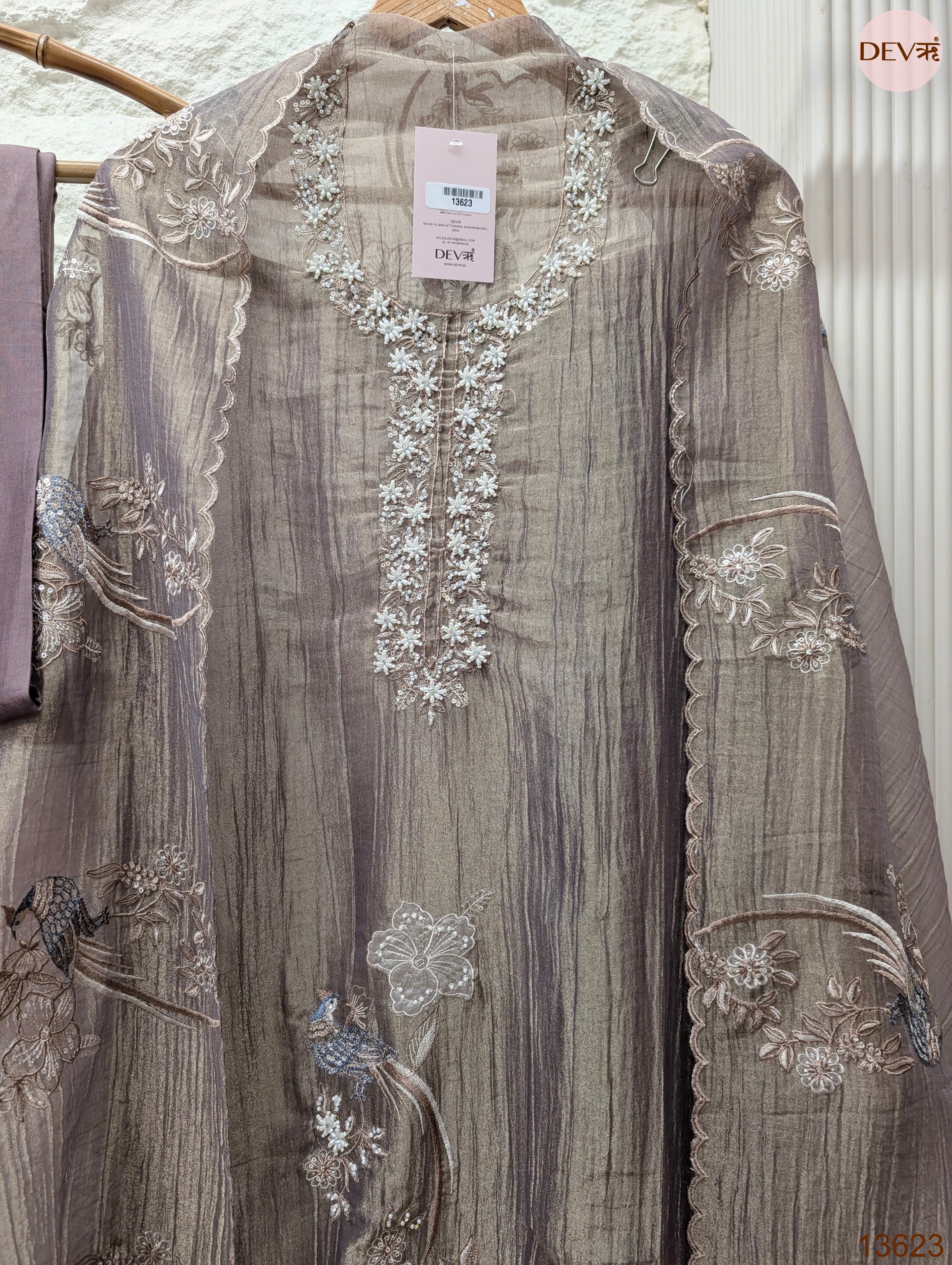 Mauve Tissue Crush Silk Embroidered Unstitched 3-Piece Suit (Devri – D.No 13623)