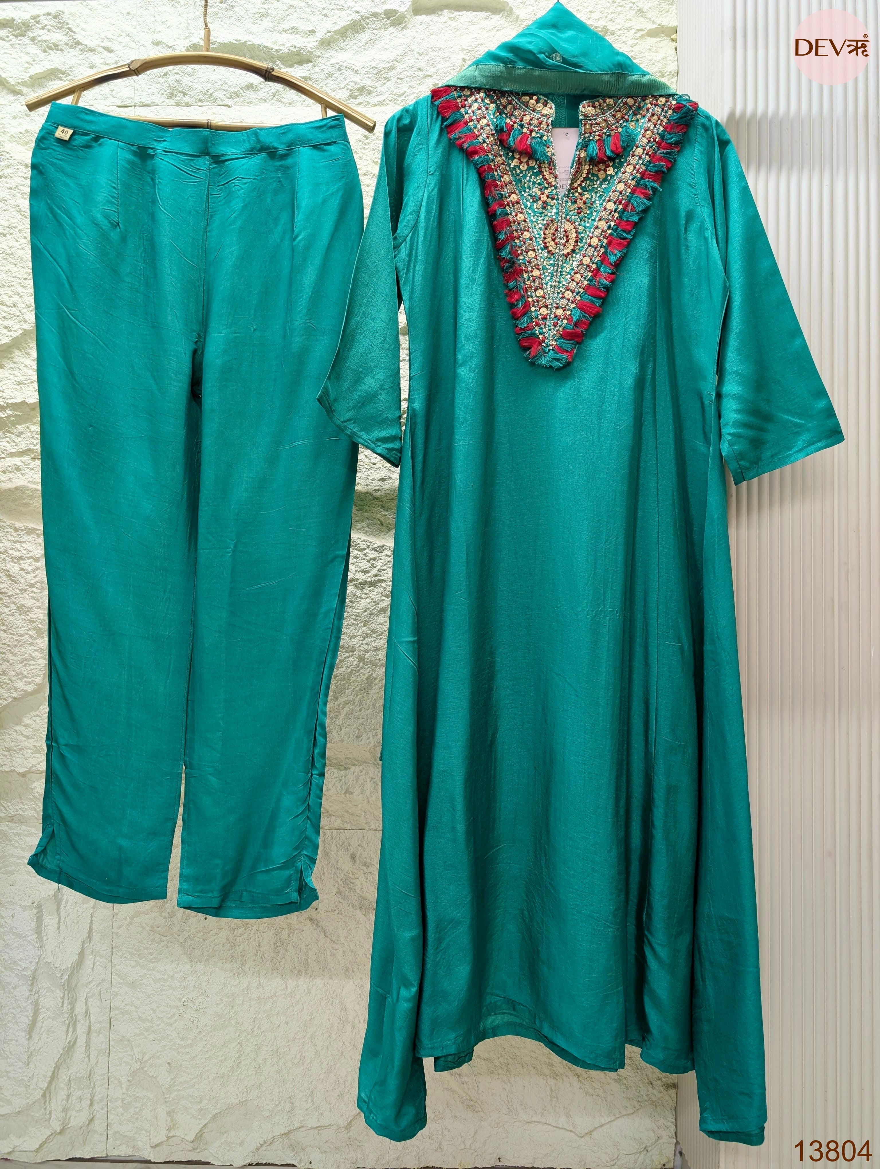 Zareen Pure Russian silk Embroidered Teal 3-Piece Set (Devri – D.No 13804)
