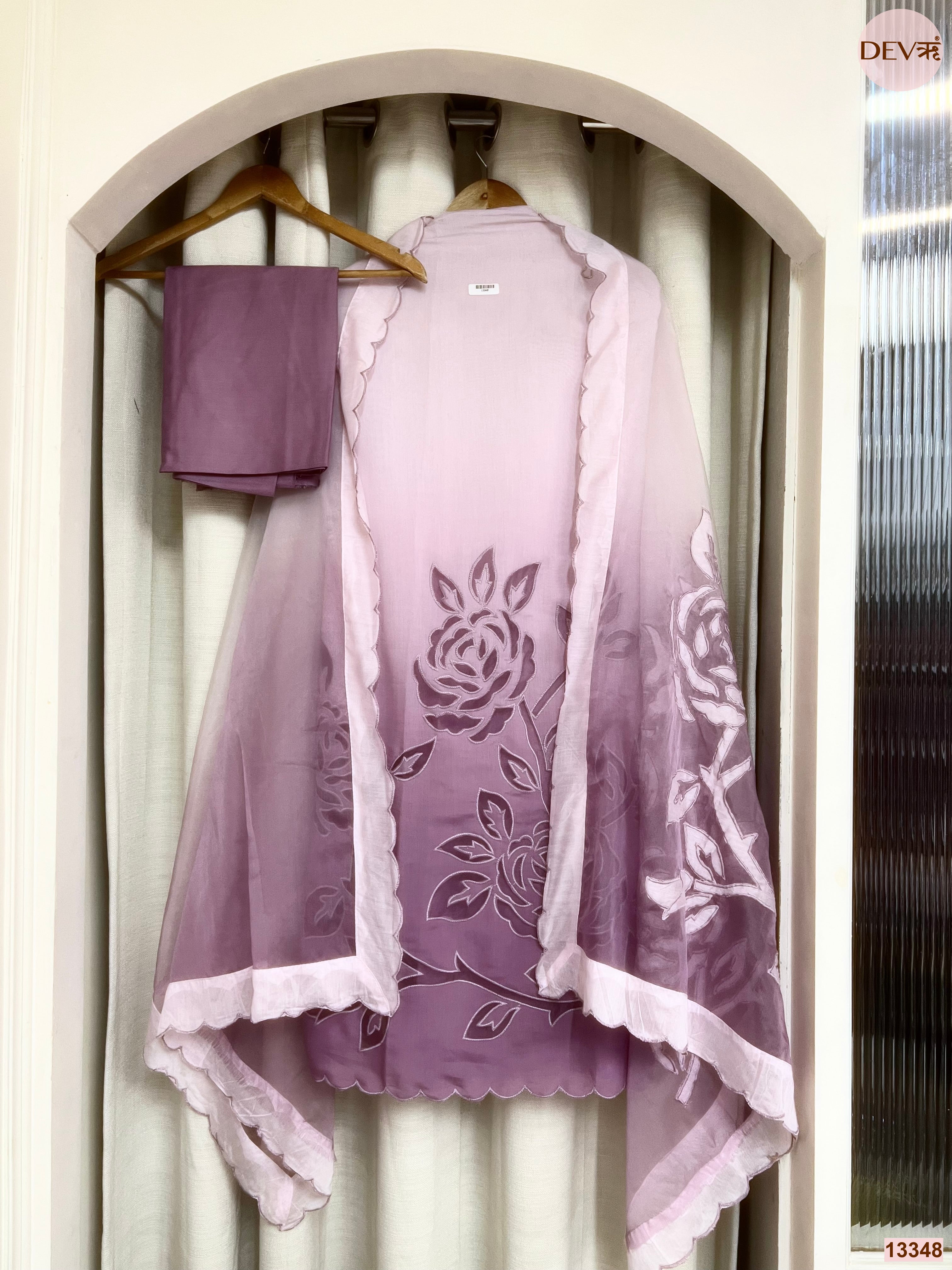 Mauve Mul Chanderi Printed Unstitched 3-Piece Suit (Devri – D.No 13348)