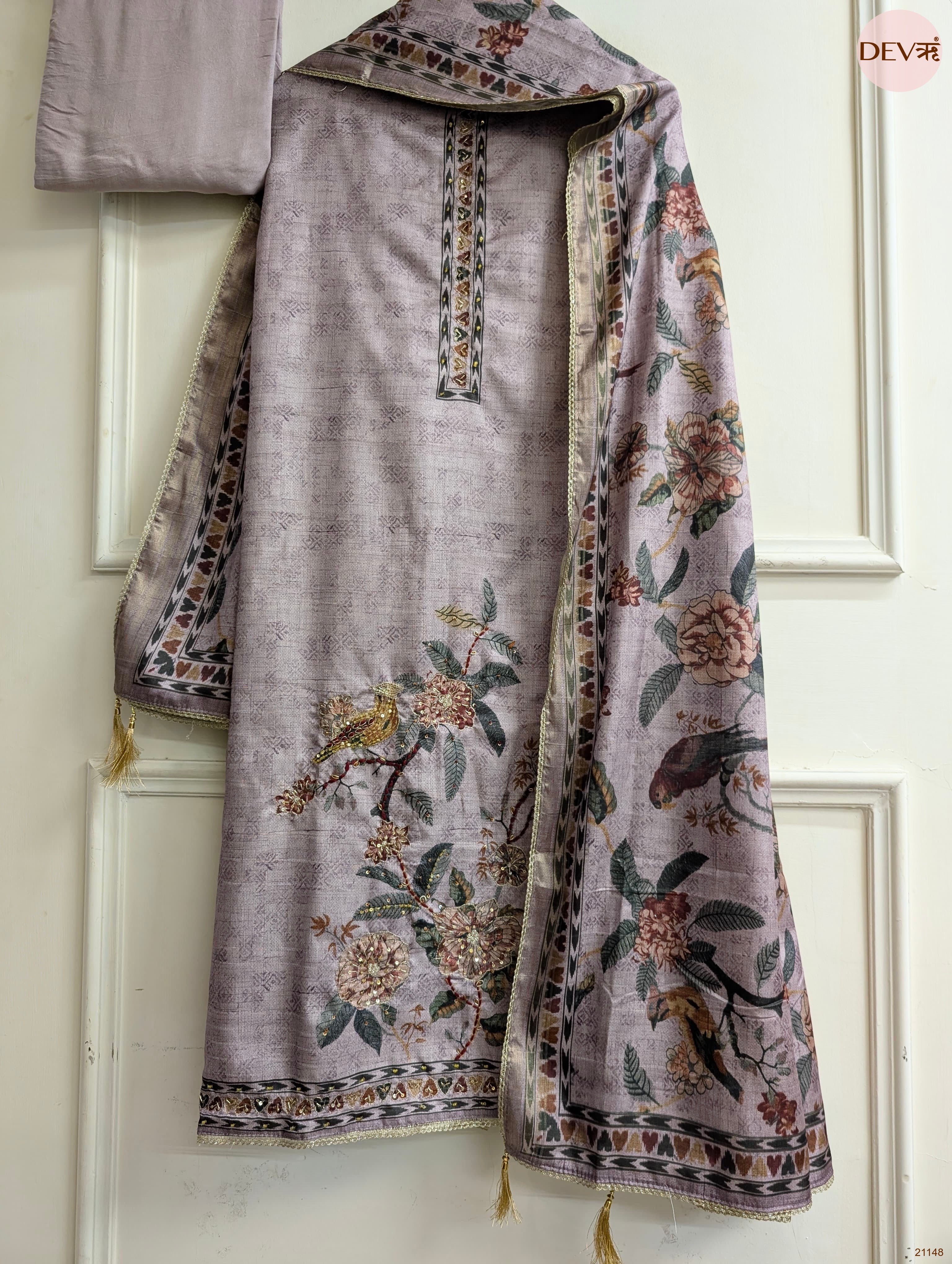 Lavender Mul Chanderi Silk Printed Unstitched 3-Piece Suit (Devri – D.No 21148)