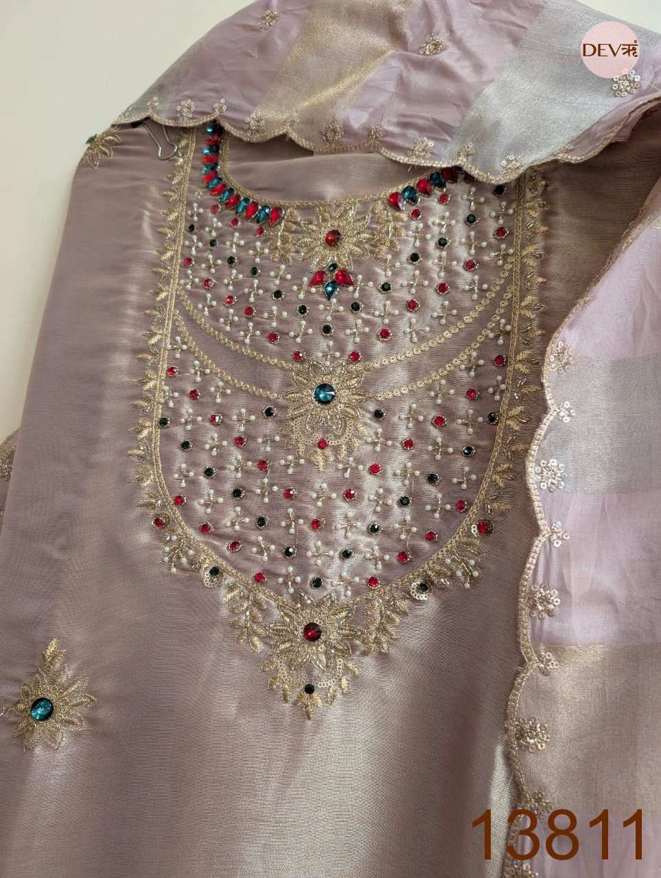 Lavender Pure Tissue Giraffe Silk Embroidered Unstitched 3-Piece Suit (Devri – D.No 13811)