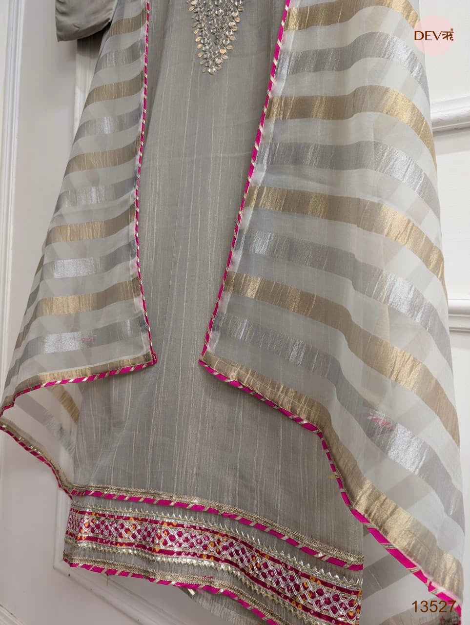 Grey Tissue Silk Embroidered Unstitched 3-Piece Suit (Devri – D.No 13527)