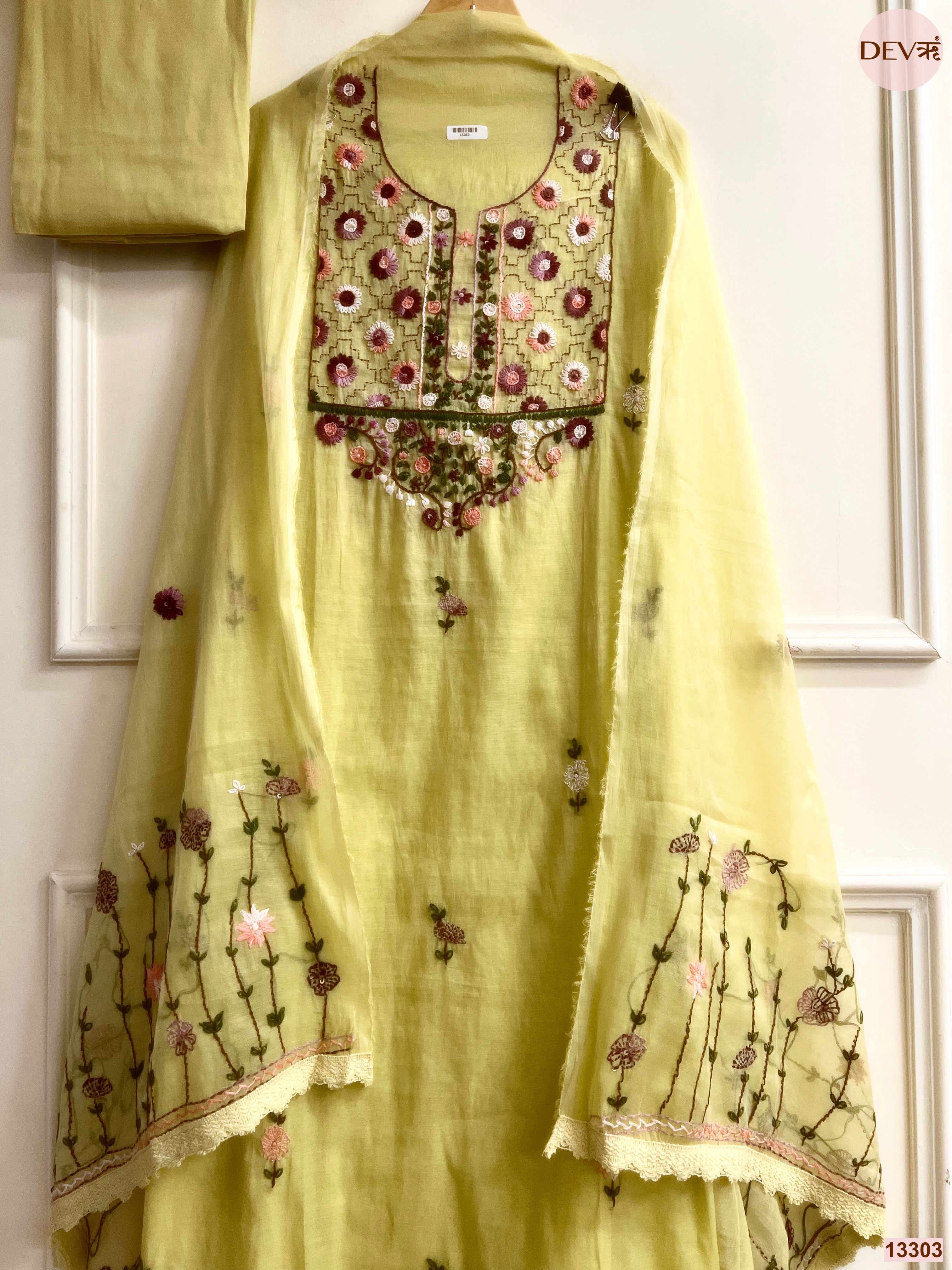 Yellow Mul Chanderi Embroidered Unstitched 3-Piece Suit (Devri – D.No 13303)