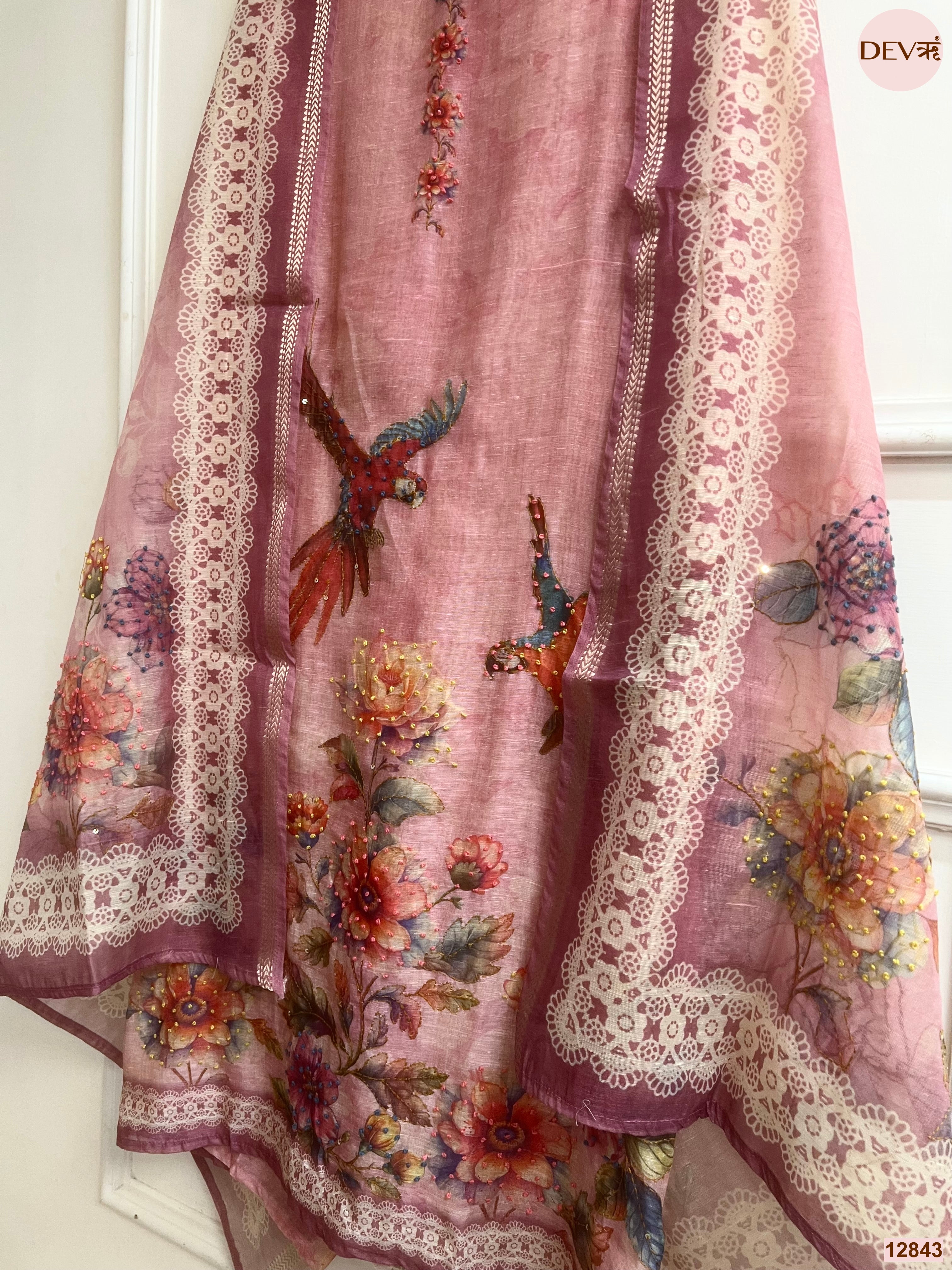 Pink Mul Chanderi Printed Unstitched 3-Piece Suit (Devri – D.No 12843)