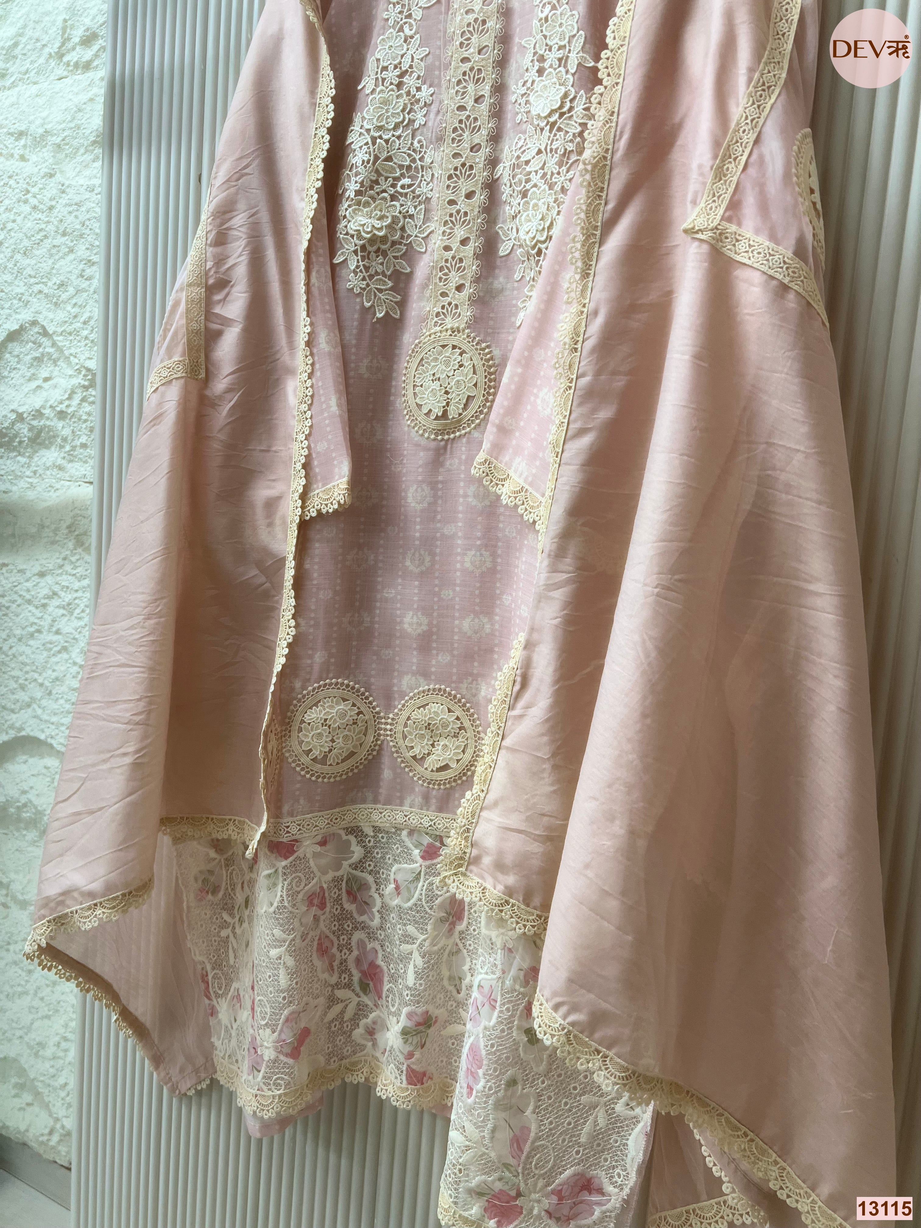 Pink Linen Cotton Embroidered Unstitched 3-Piece Suit (Devri – D.No 13115)