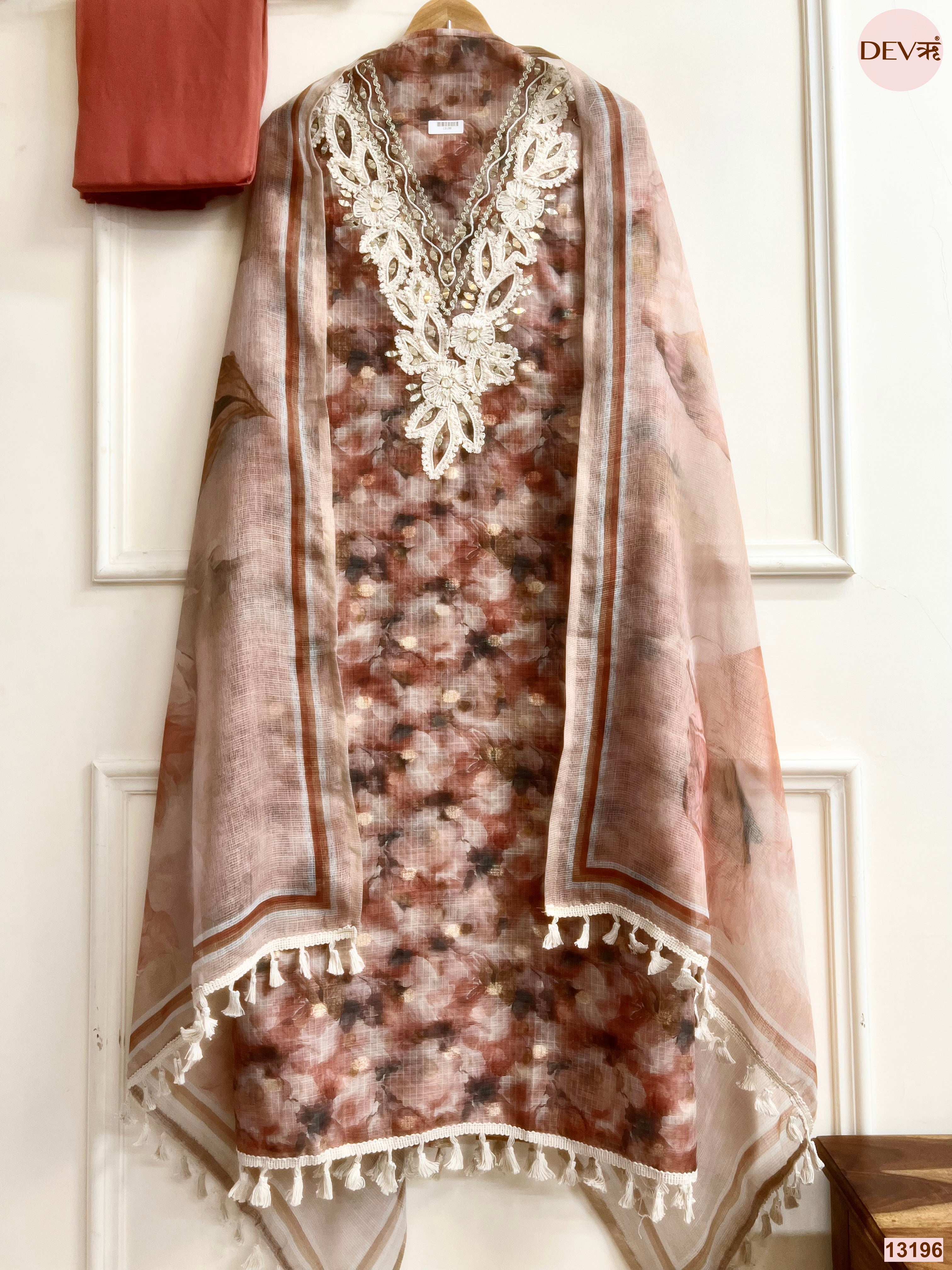 Brown Kota Zari Printed Unstitched 3-Piece Suit (Devri – D.No 13196)
