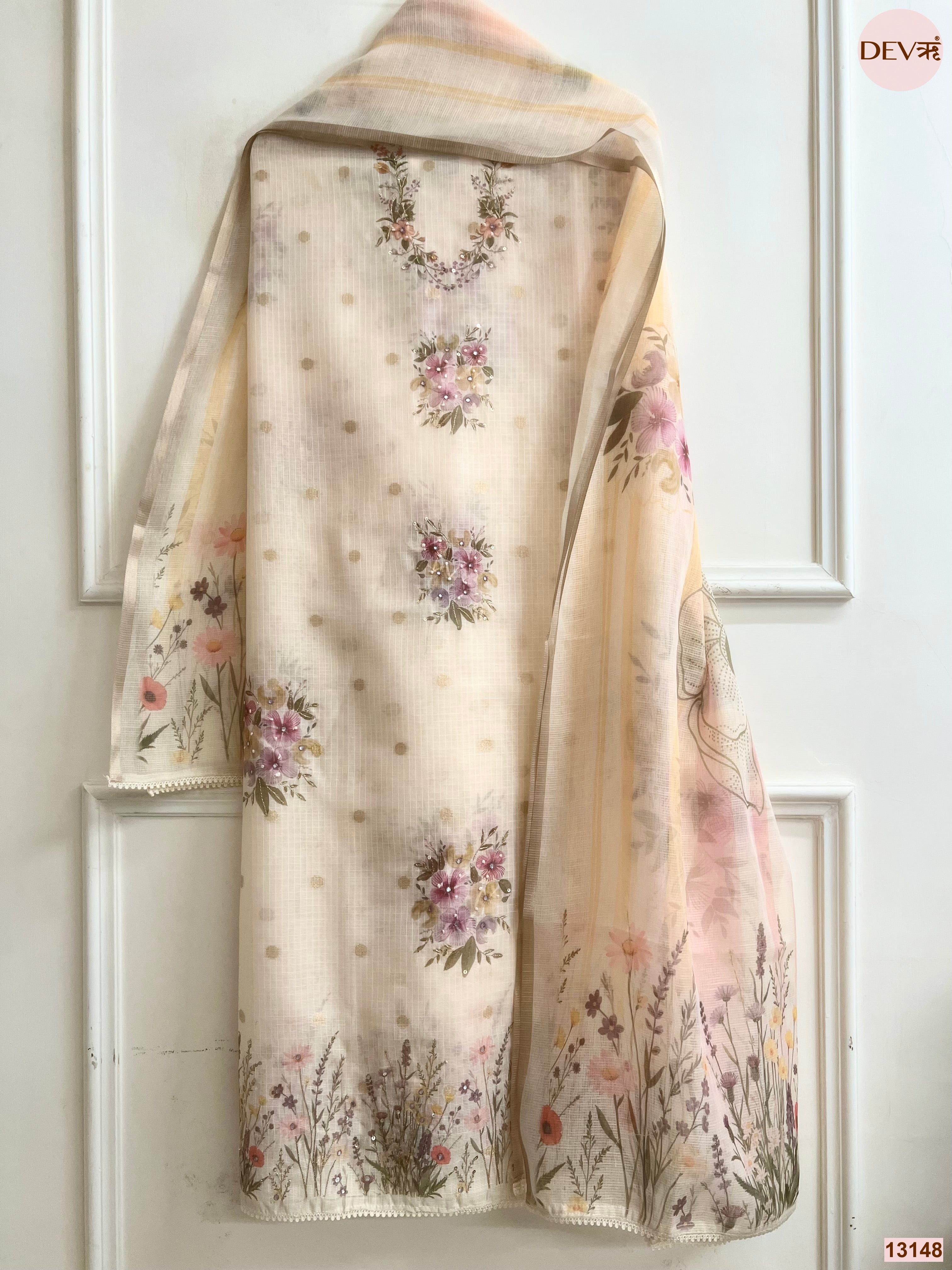 Cream Kota Printed Unstitched 3-Piece Suit (Devri – D.No 13148)