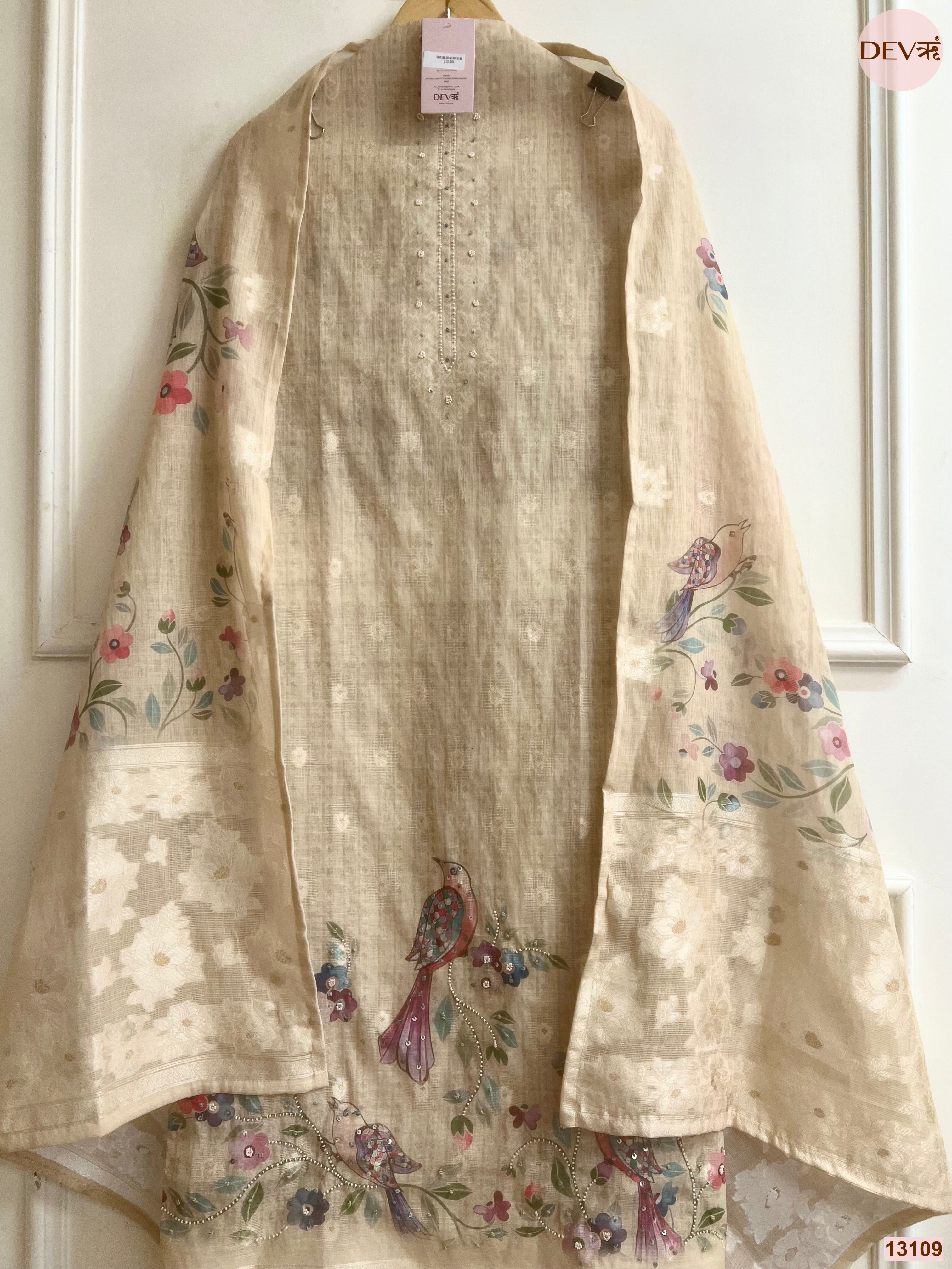 Beige Linen Cotton Printed Unstitched 3-Piece Suit (Devri – D.No 13109)