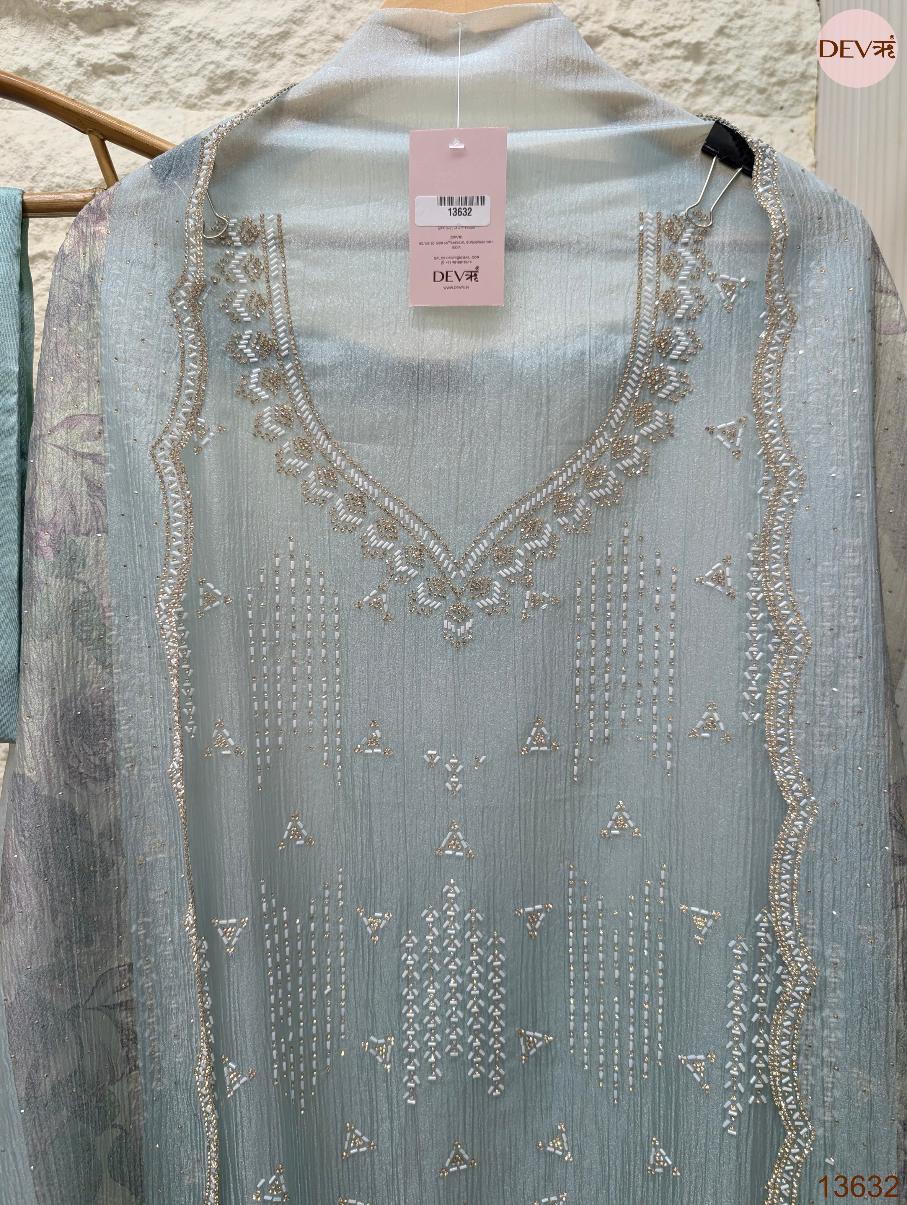 Blue Tissue Crush Silk Embroidered Unstitched 3-Piece Suit (Devri – D.No 13632)