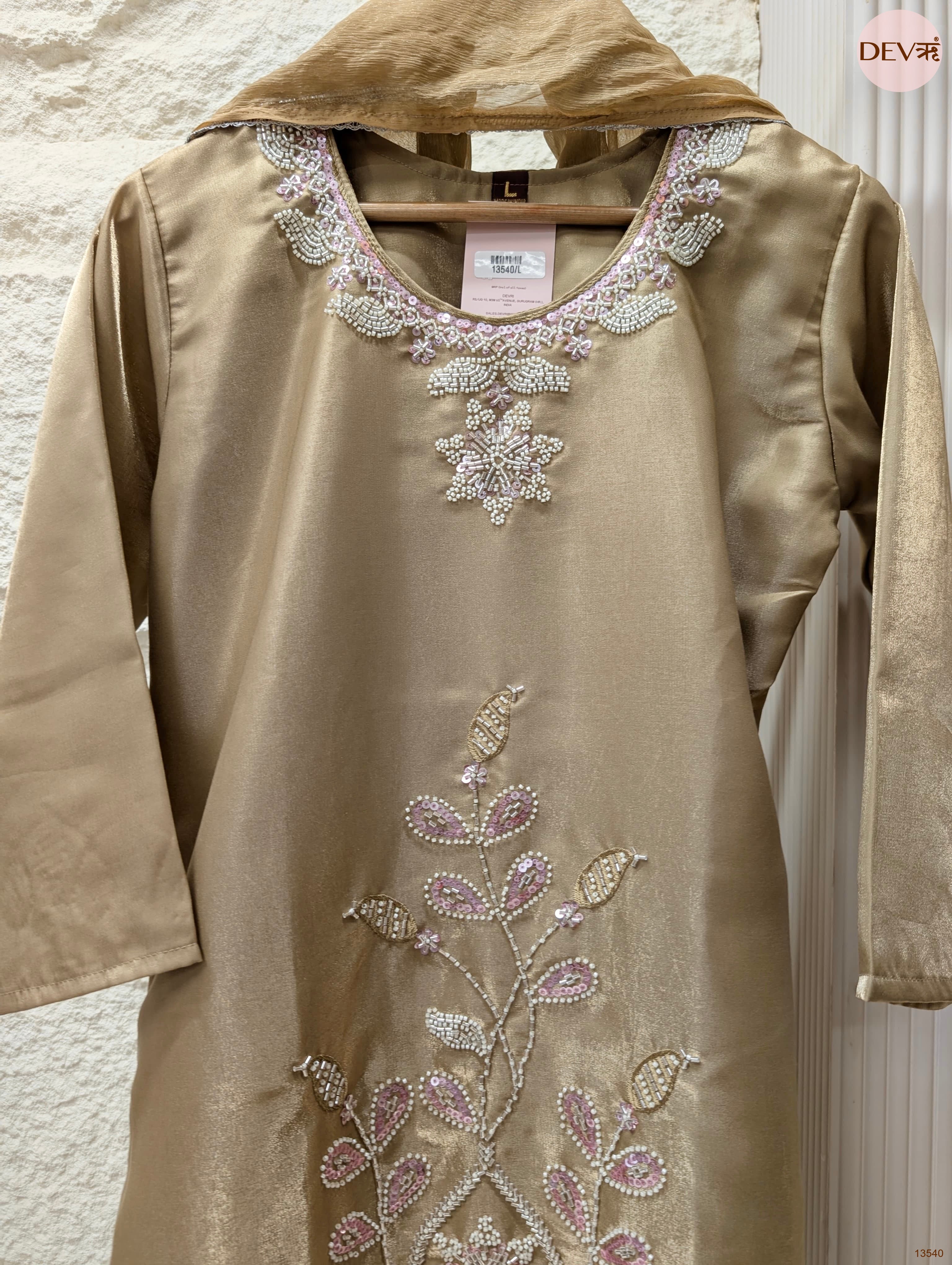 Zareen Roman Glass Silk Embroidered Gold 3-Piece Set (Devri – D.No 13540)