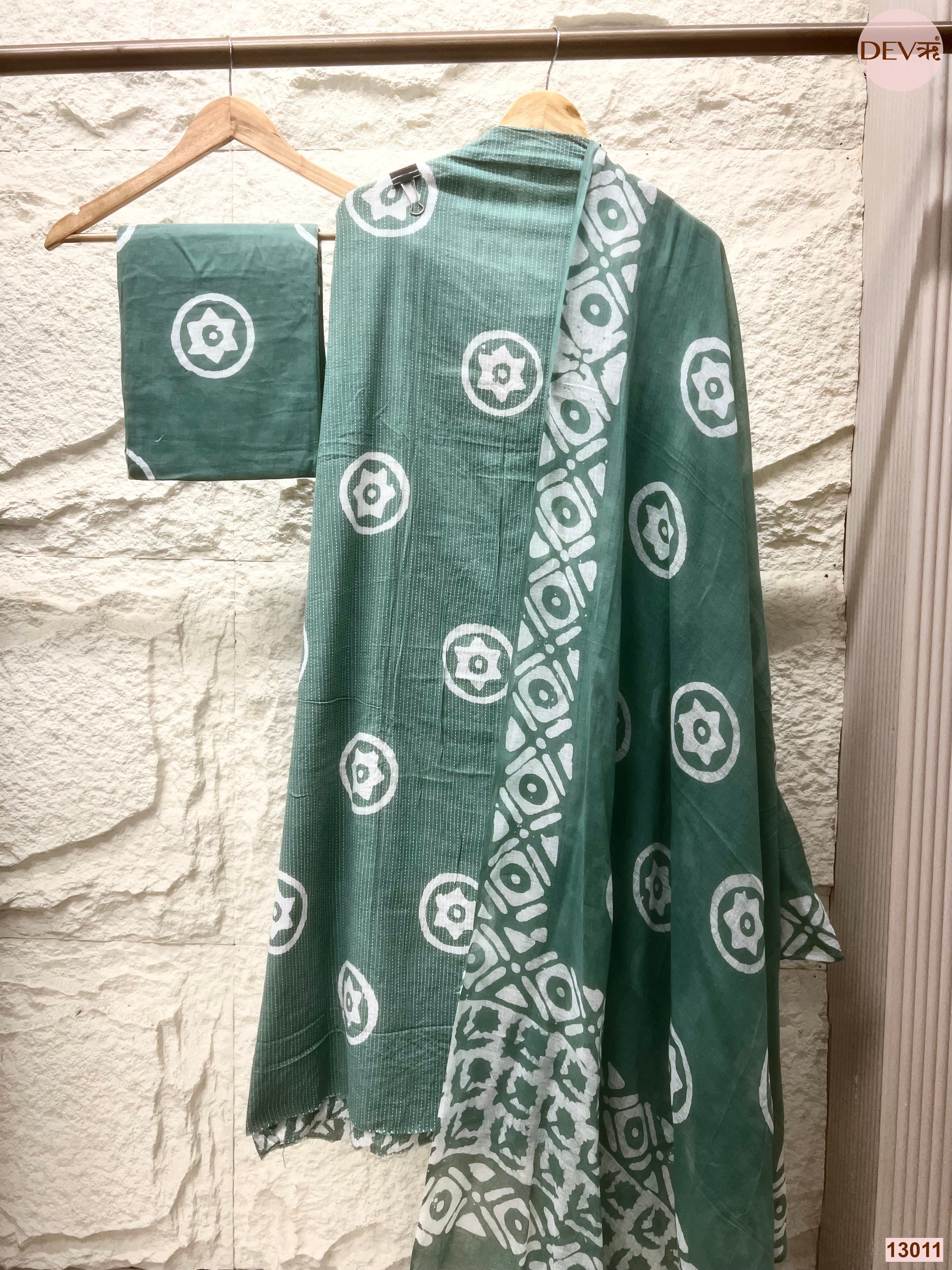 Green Cotton Printed Unstitched 3-Piece Suit (Devri – D.No 13011)