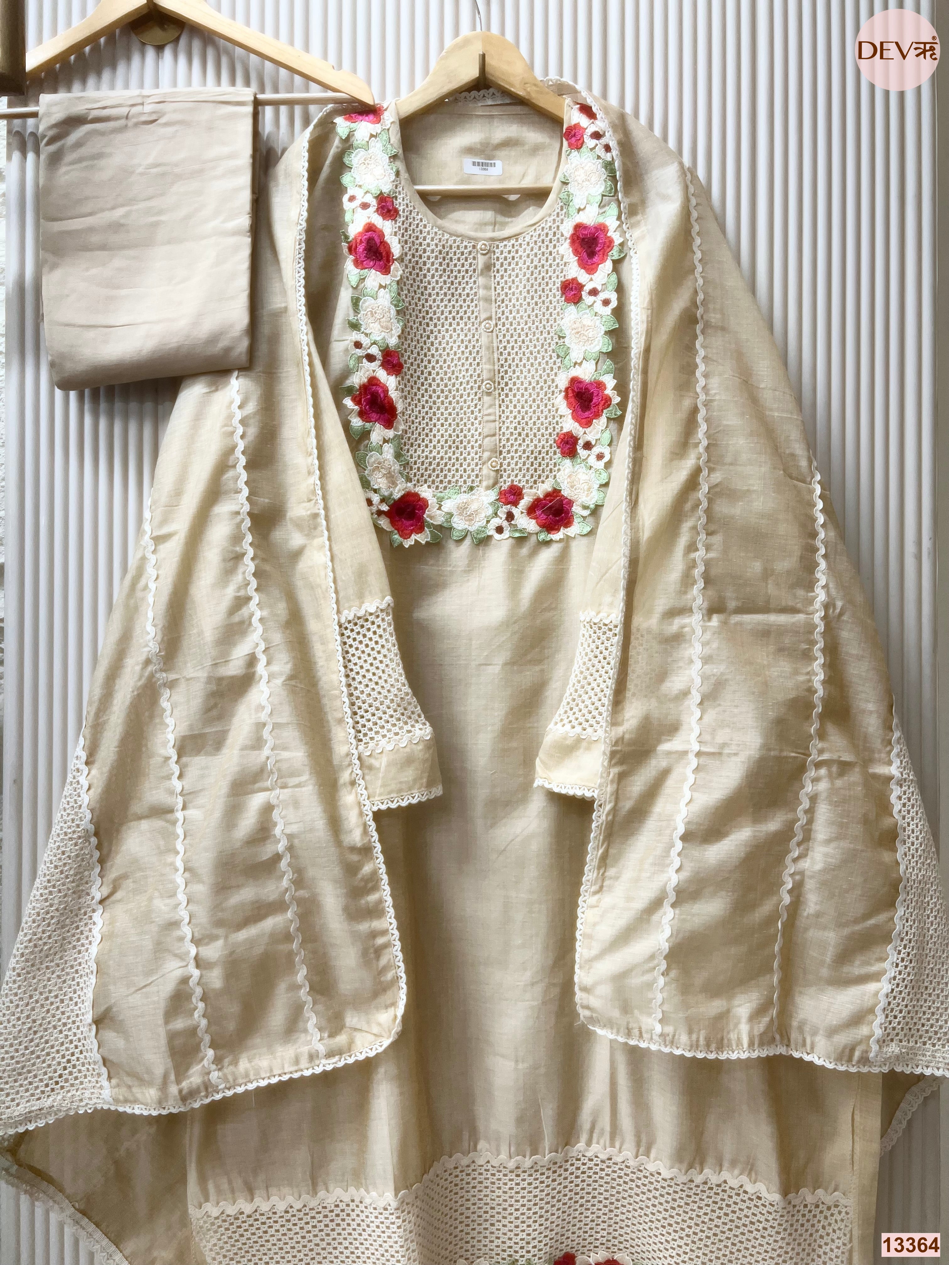 Beige Mul Chanderi Embroidered Unstitched 3-Piece Suit (Devri – D.No 13364)