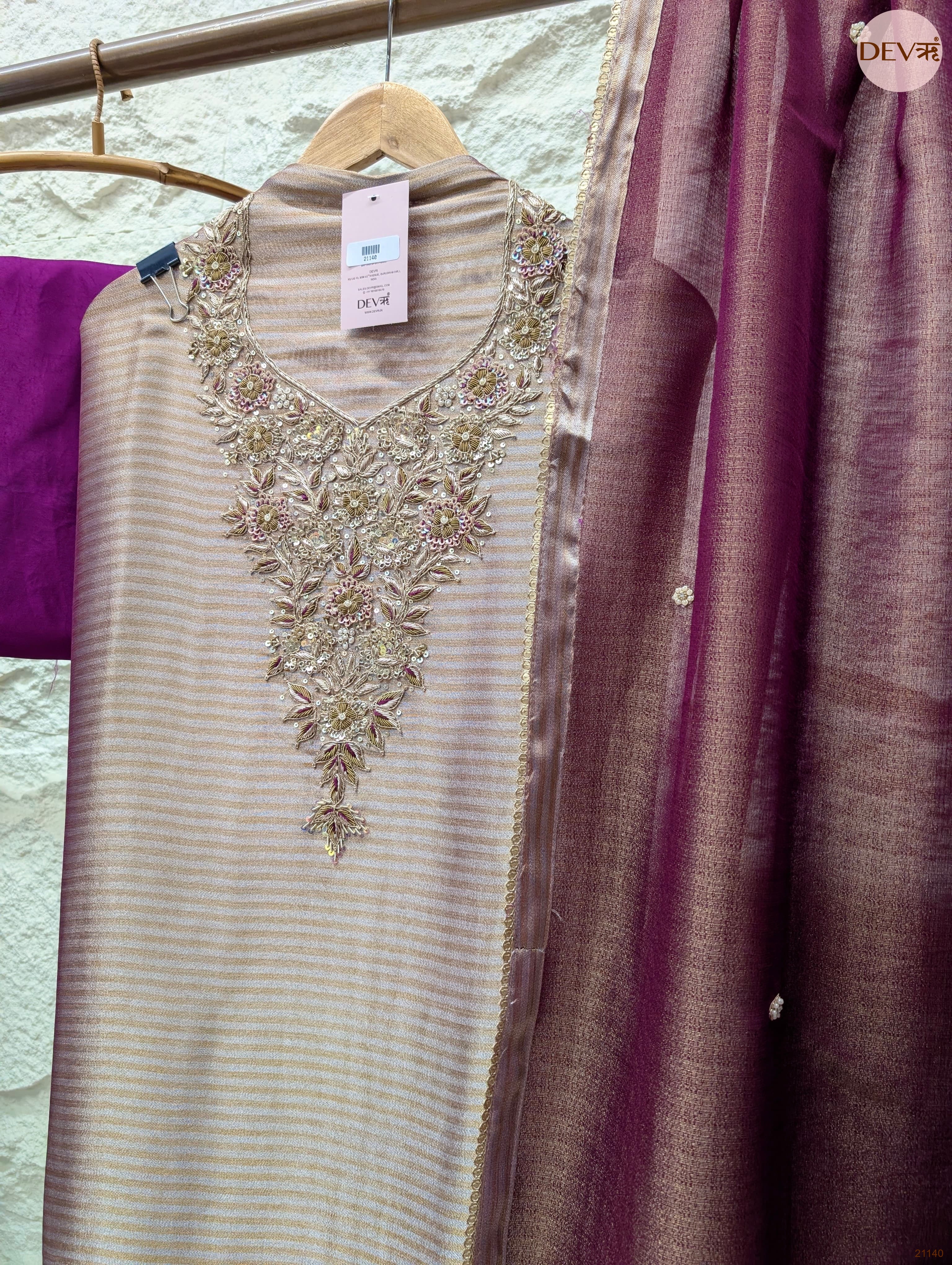 Gold Pure Tissue Silk Embroidered Unstitched 3-Piece Suit (Devri – D.No 21140)