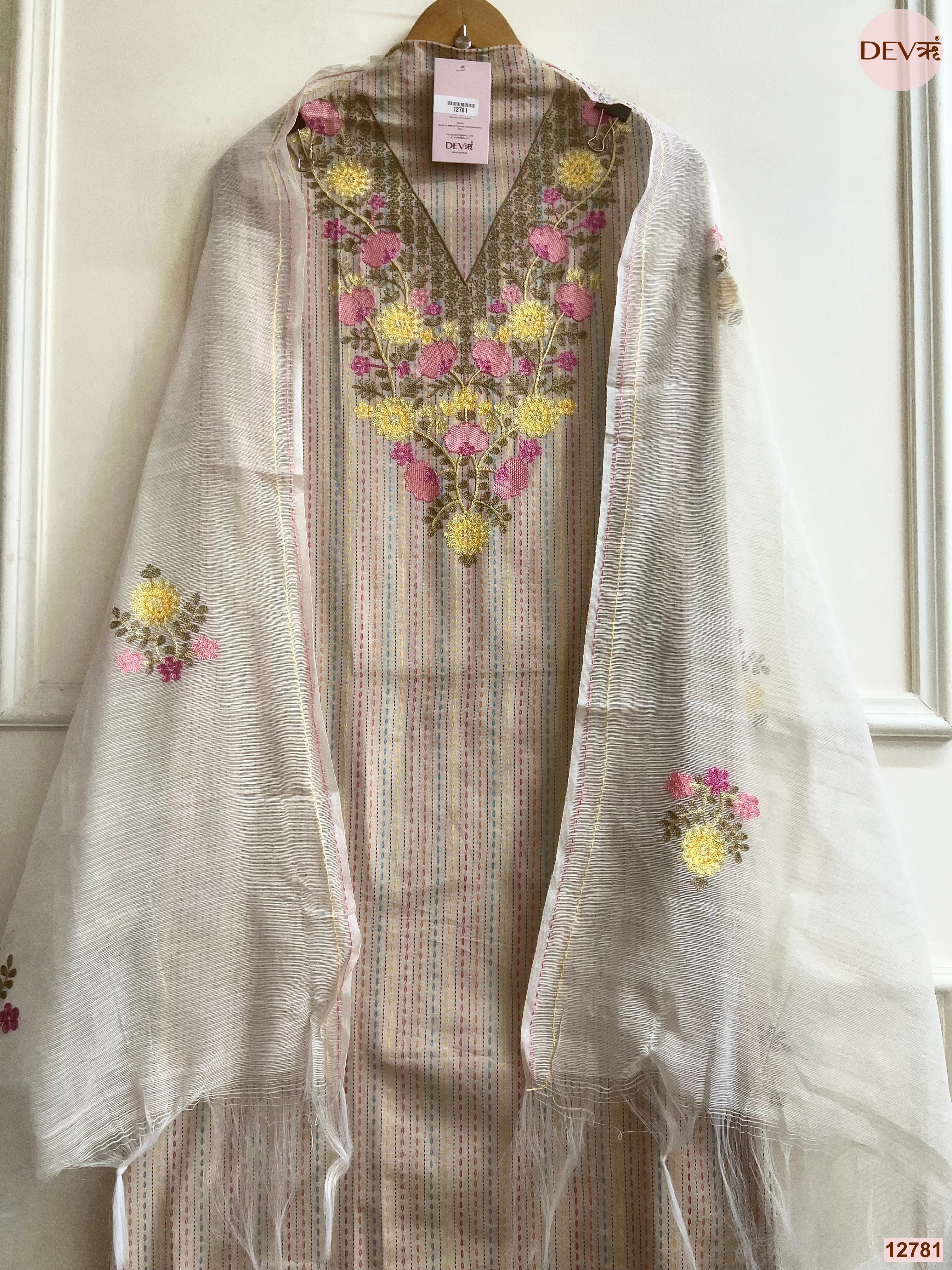 Cream Cotton Handloom Embroidered Unstitched 3-Piece Suit (Devri – D.No 12781)