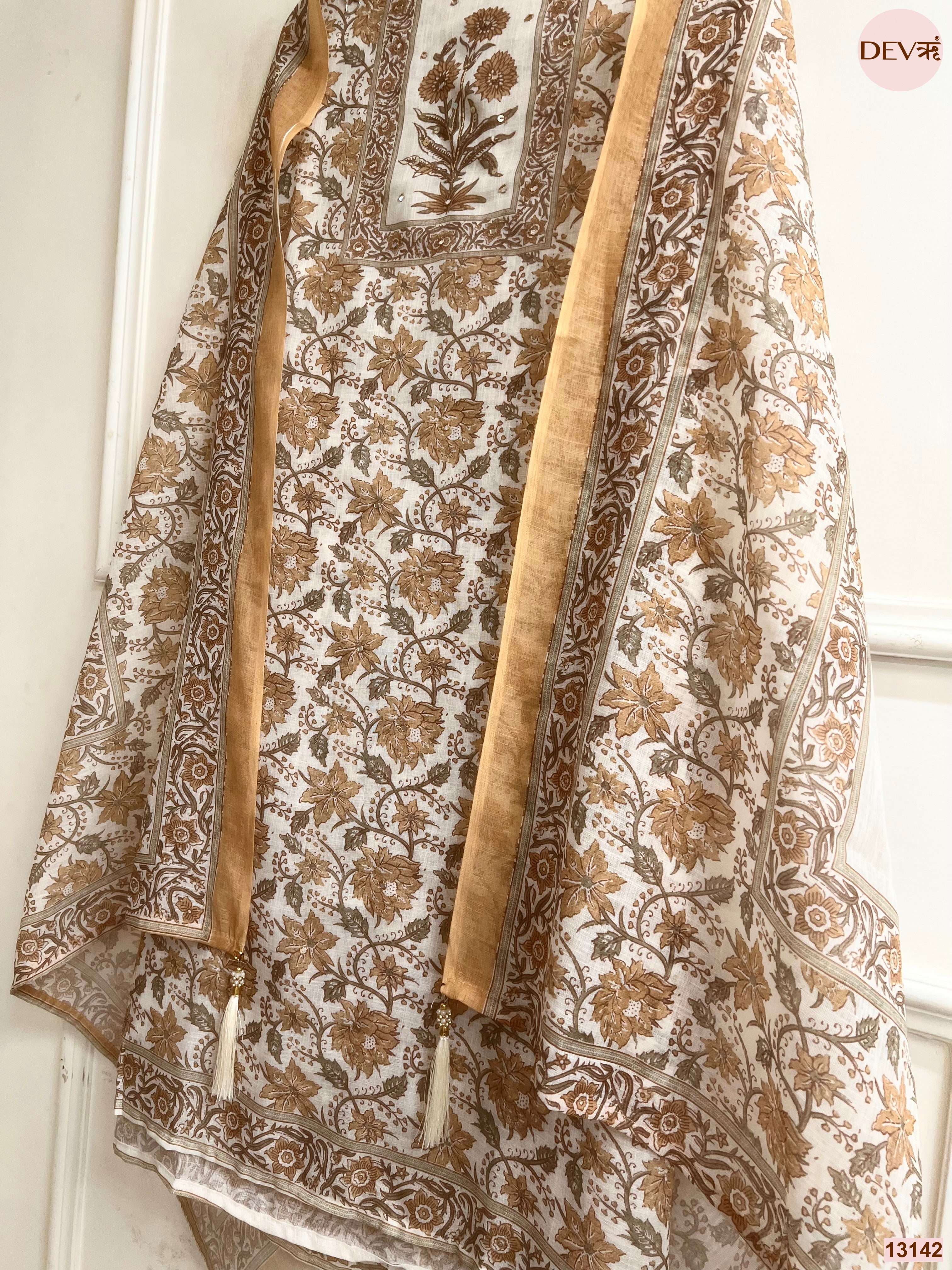 Cream Linen Printed Unstitched 3-Piece Suit (Devri – D.No 13142)