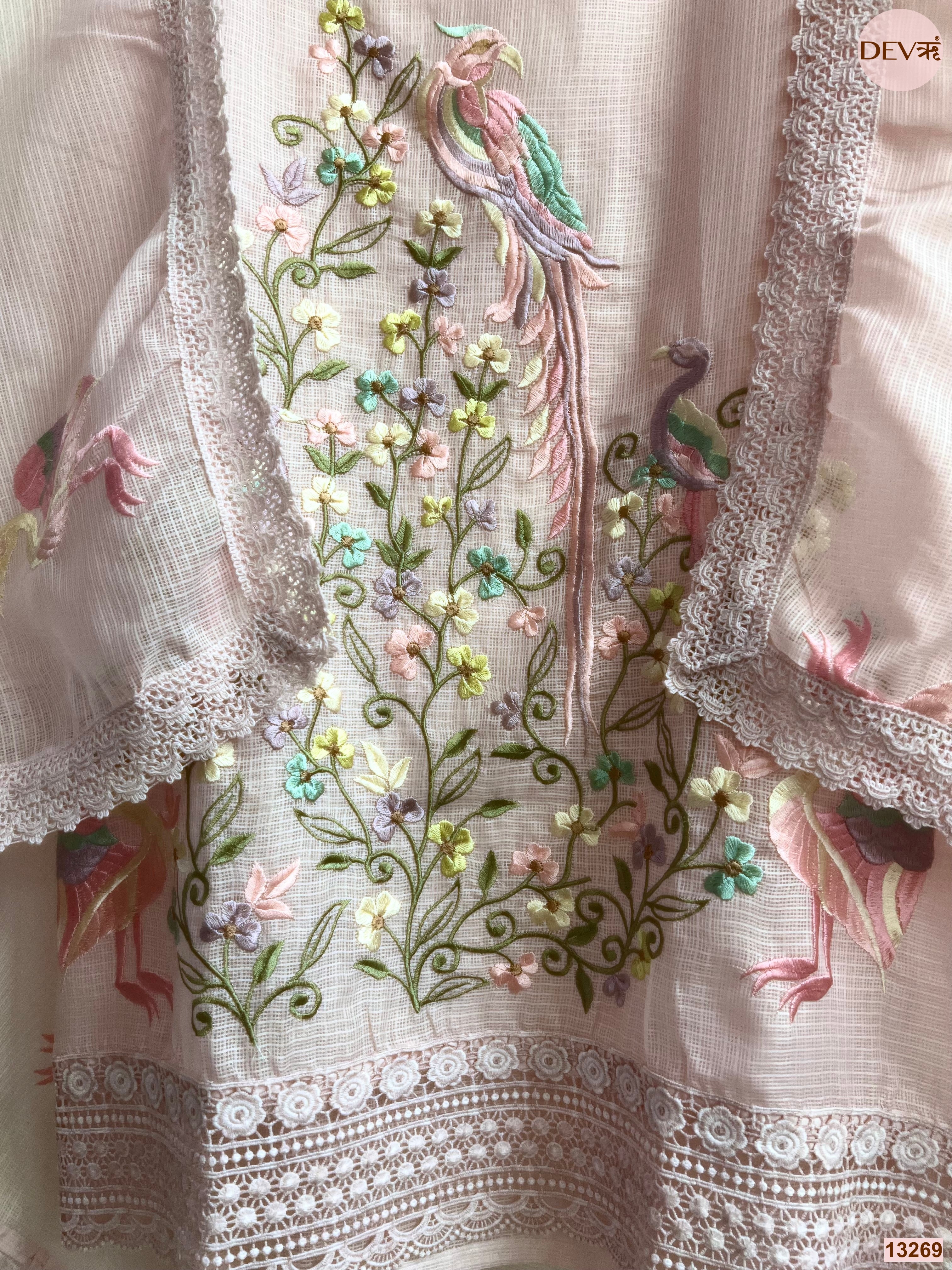 Pink Kota Cotton Embroidered Unstitched 3-Piece Suit (Devri – D.No 13269)