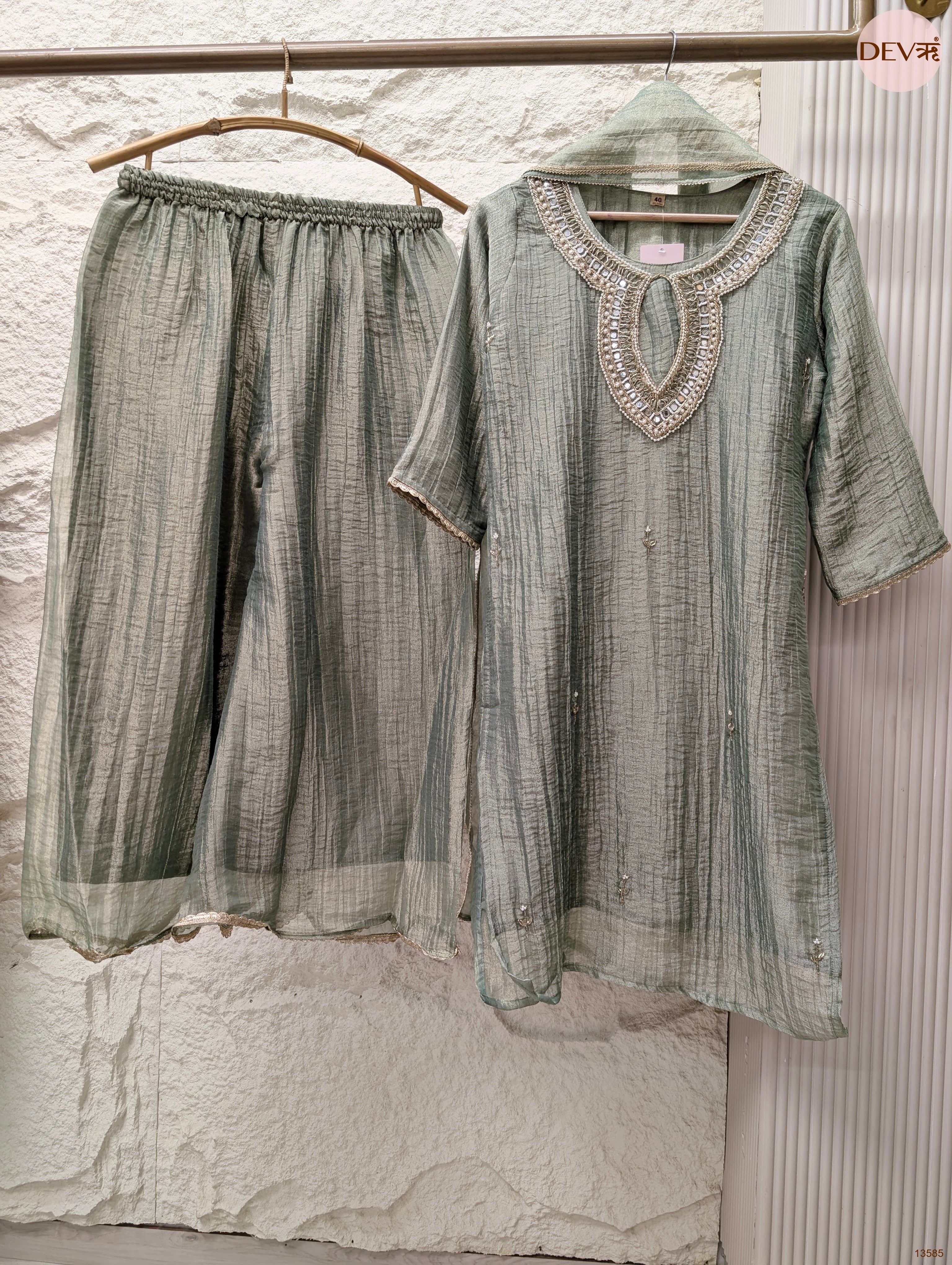 Zarmina Tissue crush silk Embroidered Sage Green 3-Piece Set (Devri – D.No 13585)