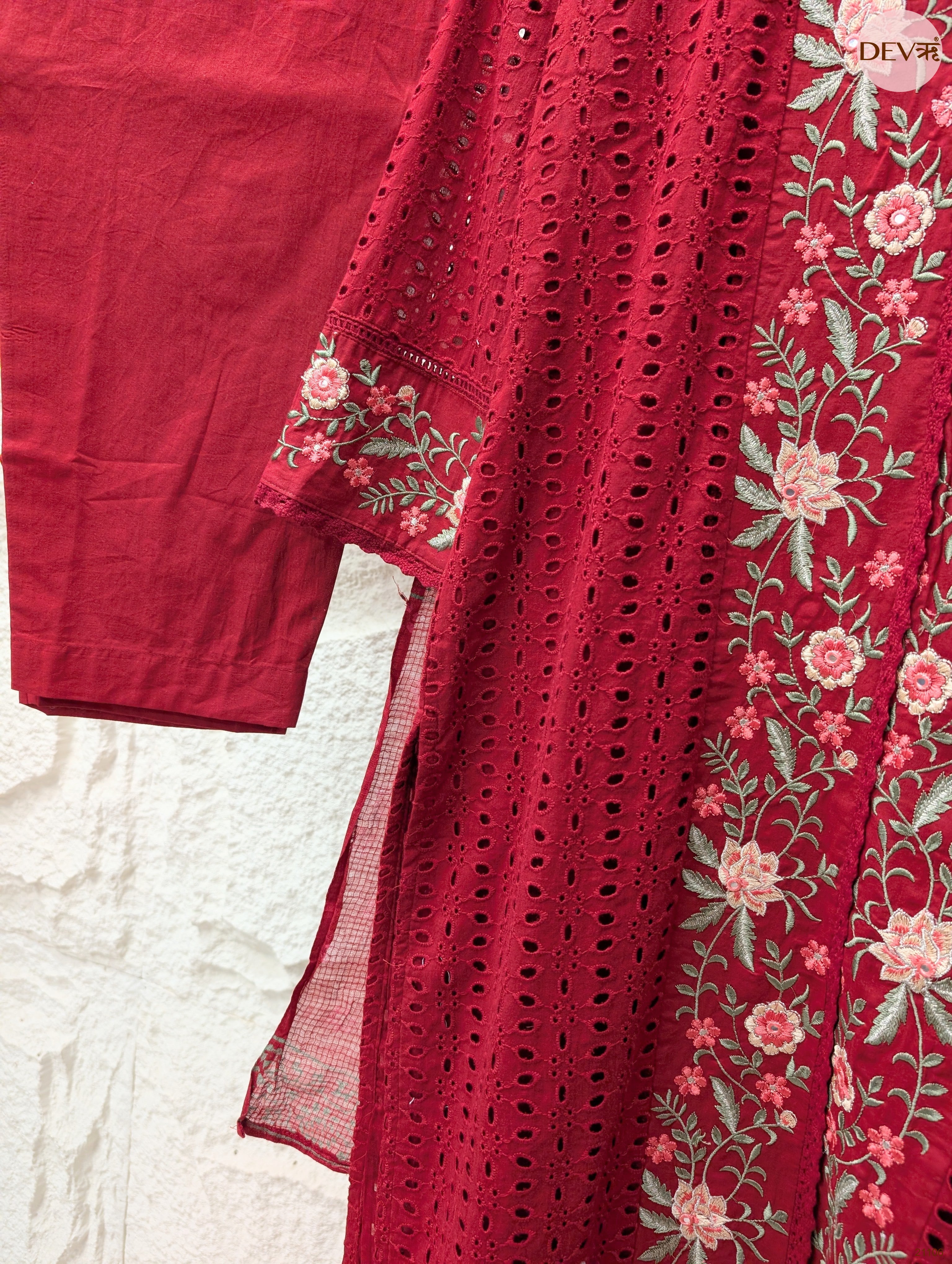 Gulnaar Pure cotton Embroidered Maroon 3-Piece Set (Devri – D.No 21106)