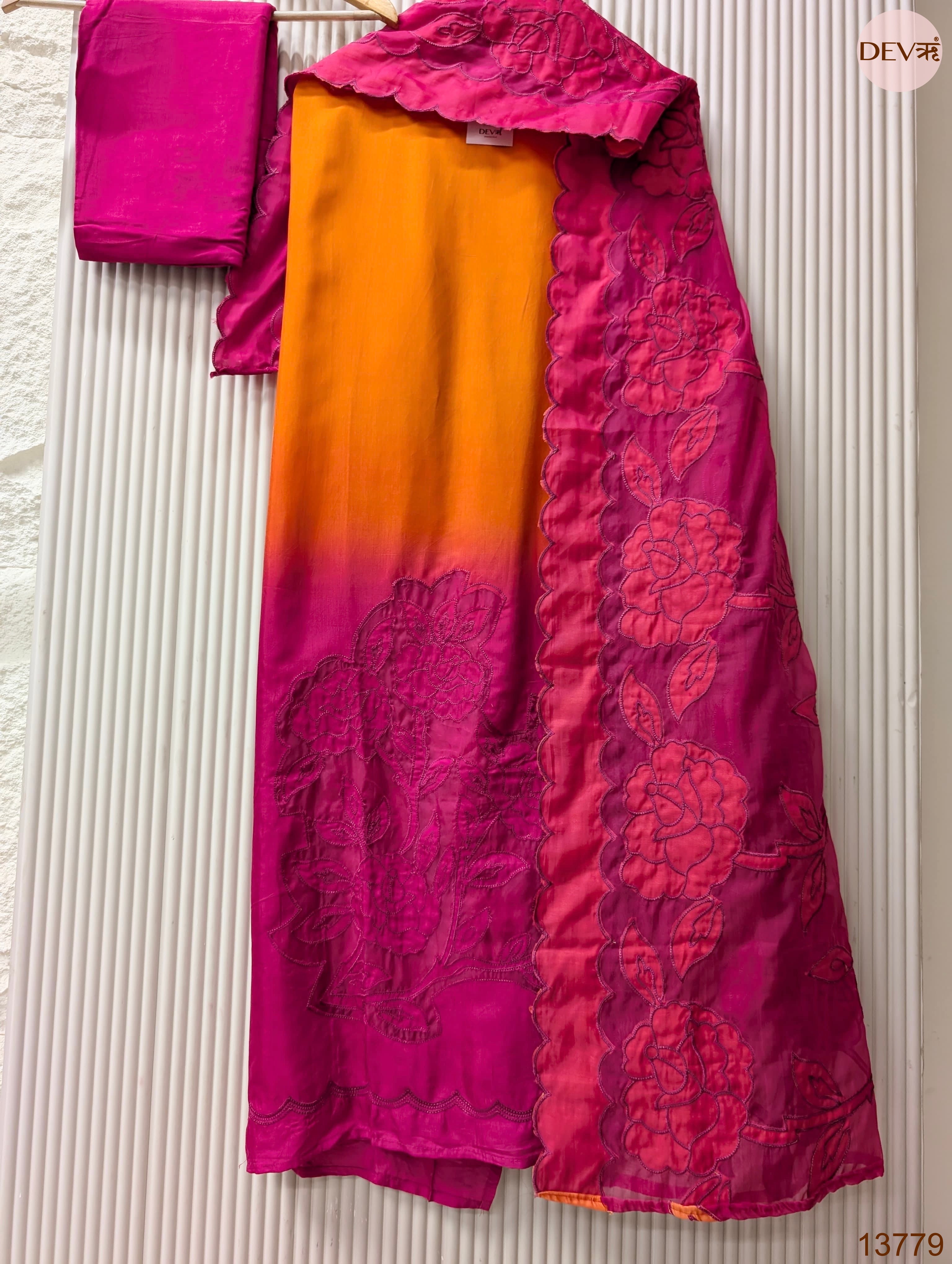 Orange Muslin Embroidered Unstitched 3-Piece Suit (Devri – D.No 13779)