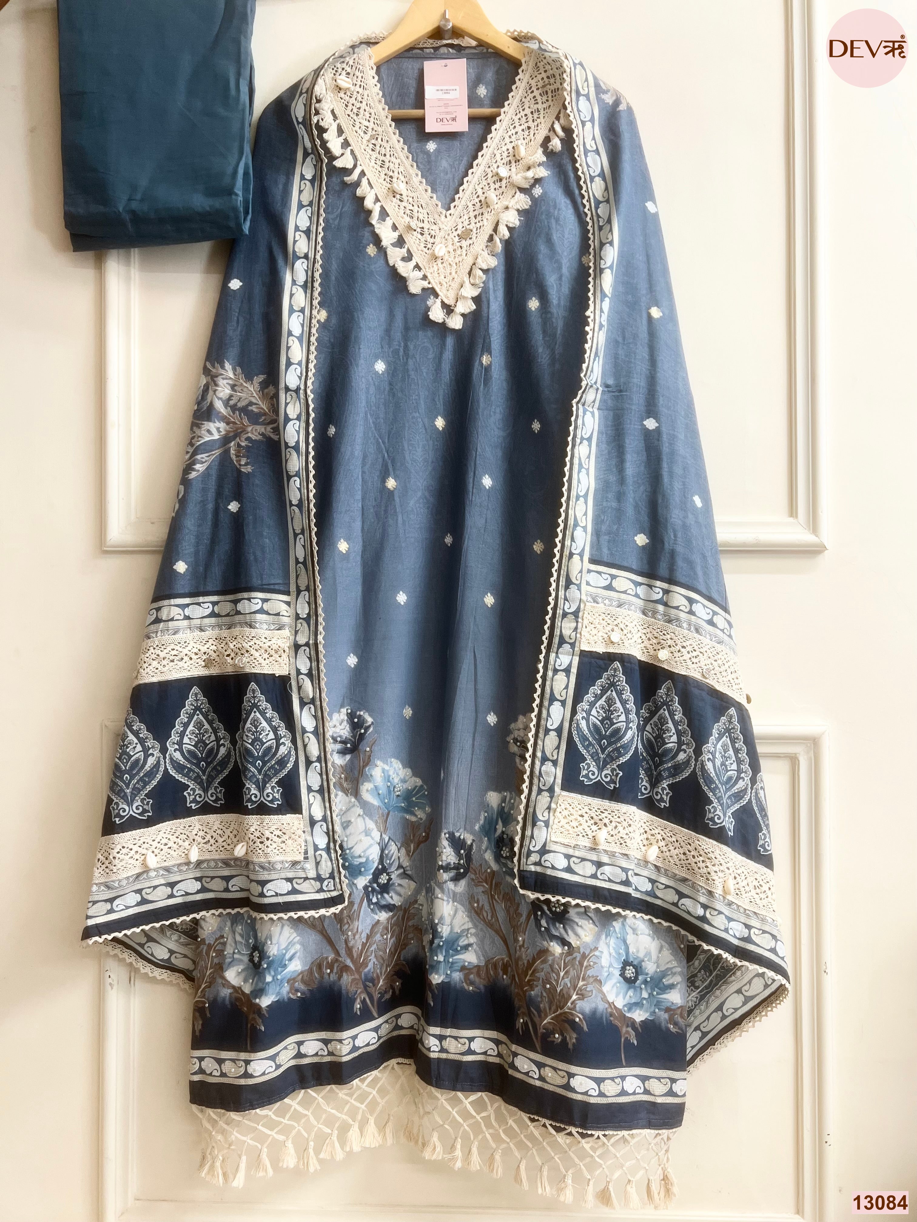 Blue Cotton Printed Unstitched 3-Piece Suit (Devri – D.No 13084)