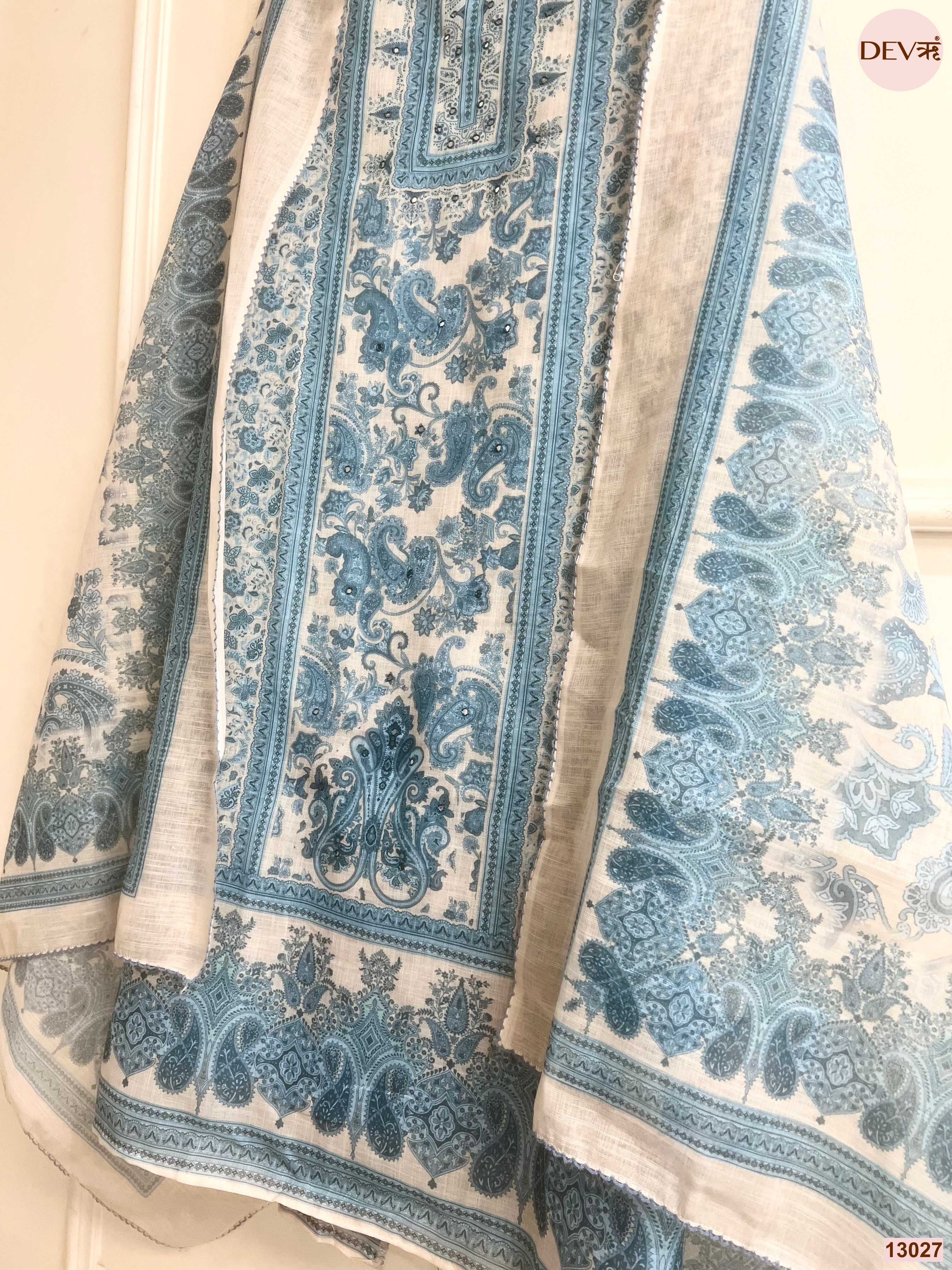 Off White Linen Printed Unstitched 3-Piece Suit (Devri – D.No 13027)