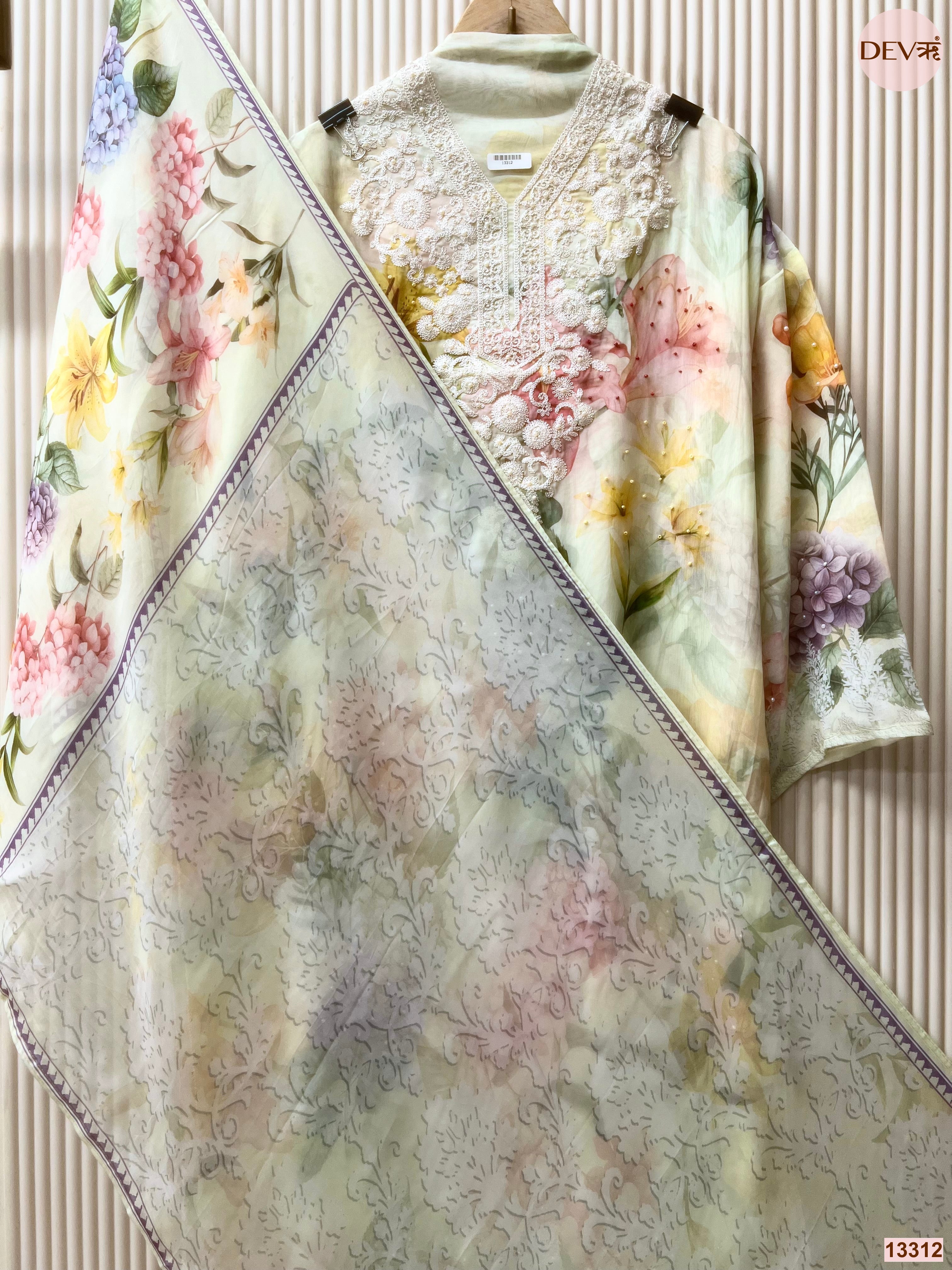 Mint Organza Printed Unstitched 3-Piece Suit (Devri – D.No 13312)