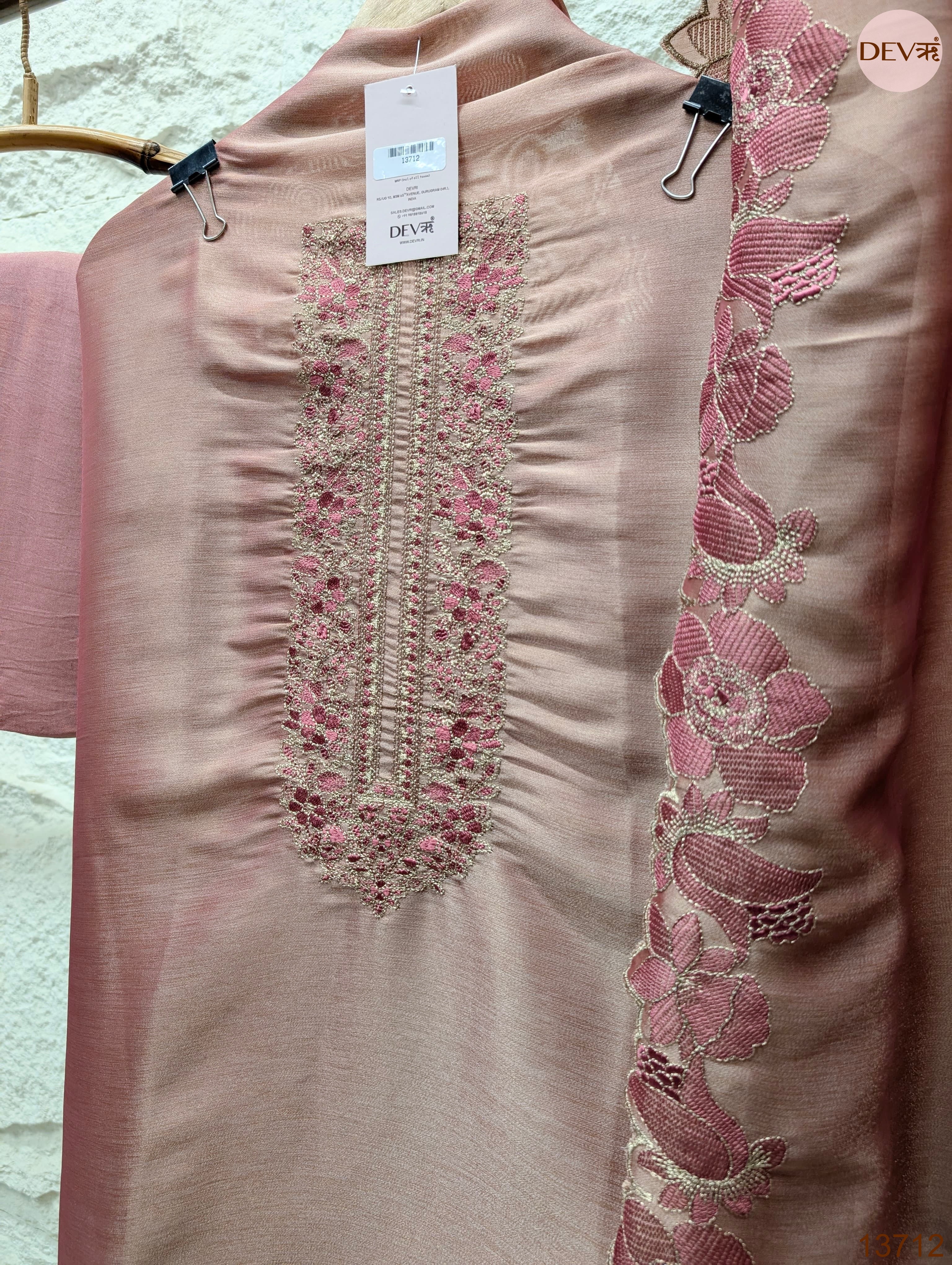 Pink Silk Blend Embroidered Unstitched 3-Piece Suit (Devri – D.No 13712)