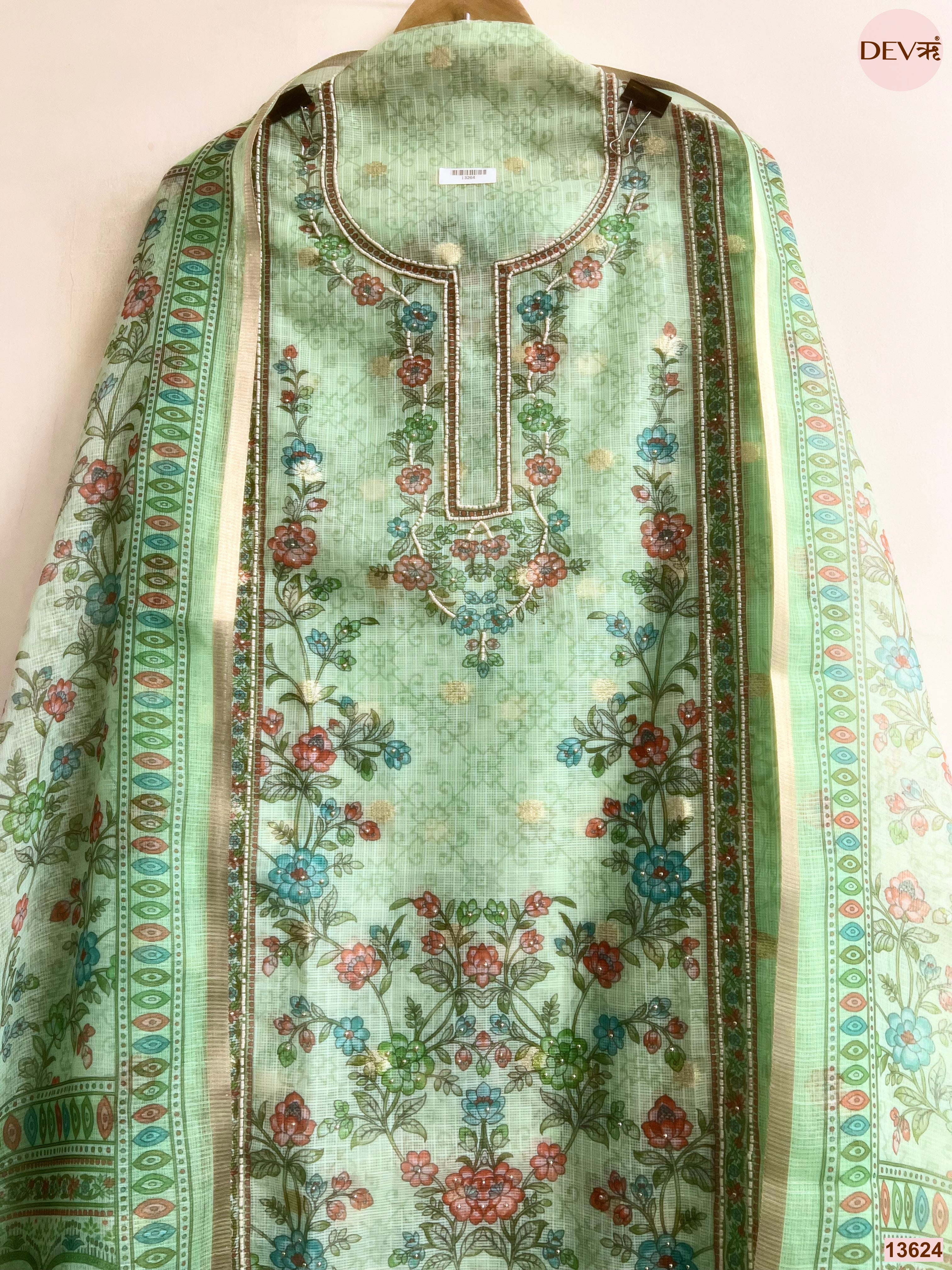 Mint Kota Zari Printed Unstitched 3-Piece Suit (Devri – D.No 13624)