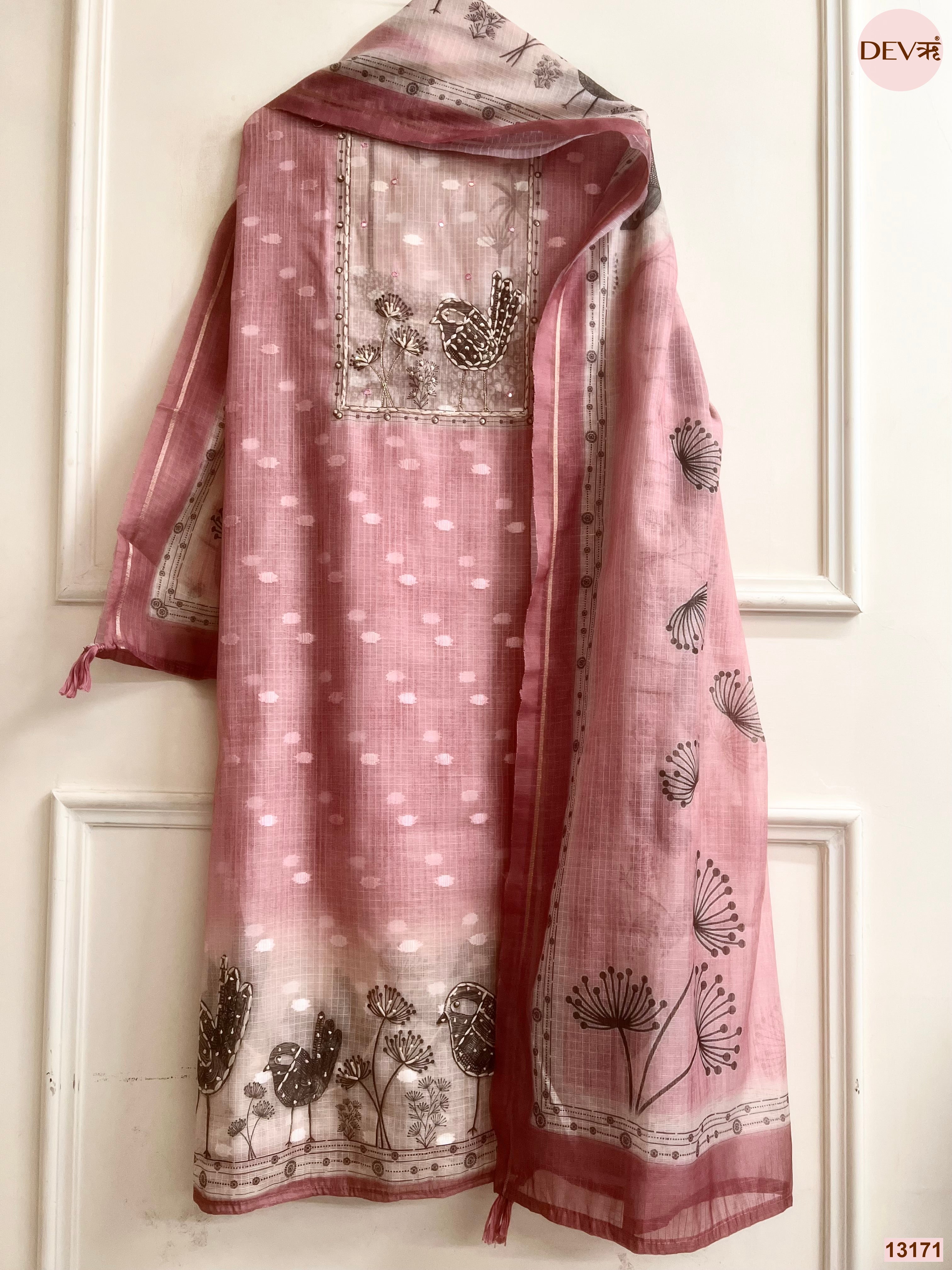 Pink Kota Printed Unstitched 3-Piece Suit (Devri – D.No 13171)