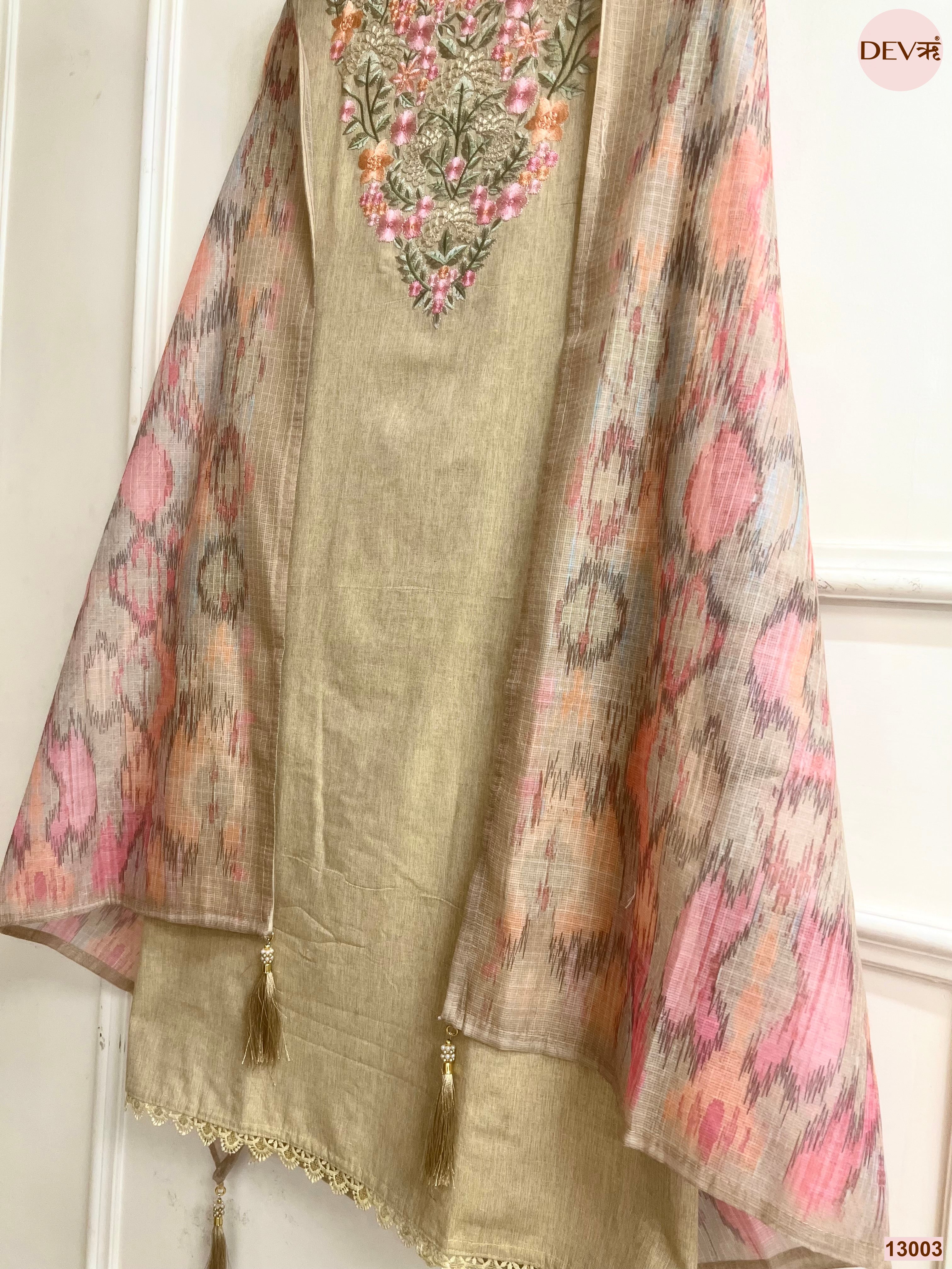 Beige Cotton Handloom Embroidered Unstitched 3-Piece Suit (Devri – D.No 13003)
