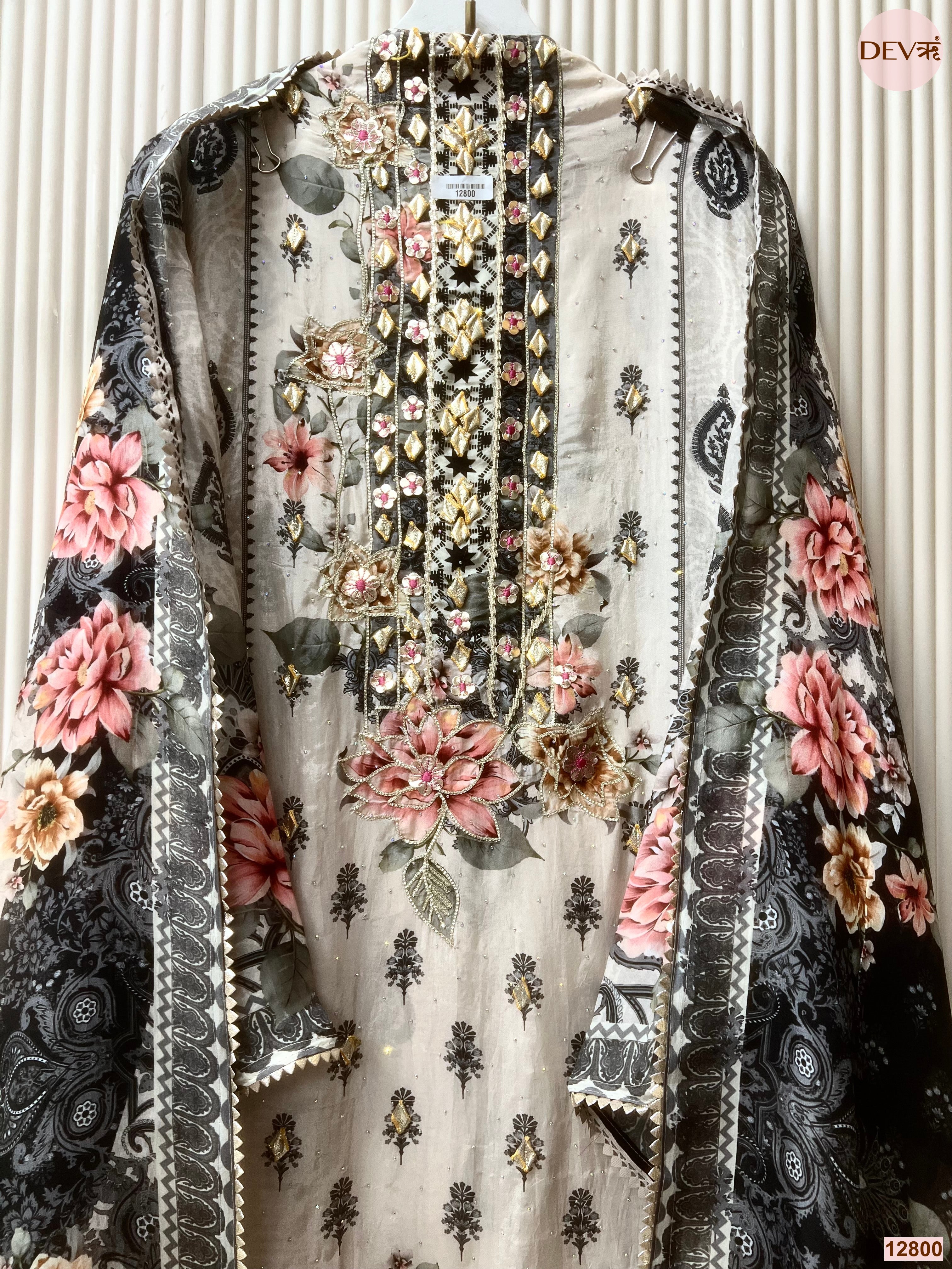 Grey Glass organza Silk Printed Unstitched 3-Piece Suit (Devri – D.No 12800)
