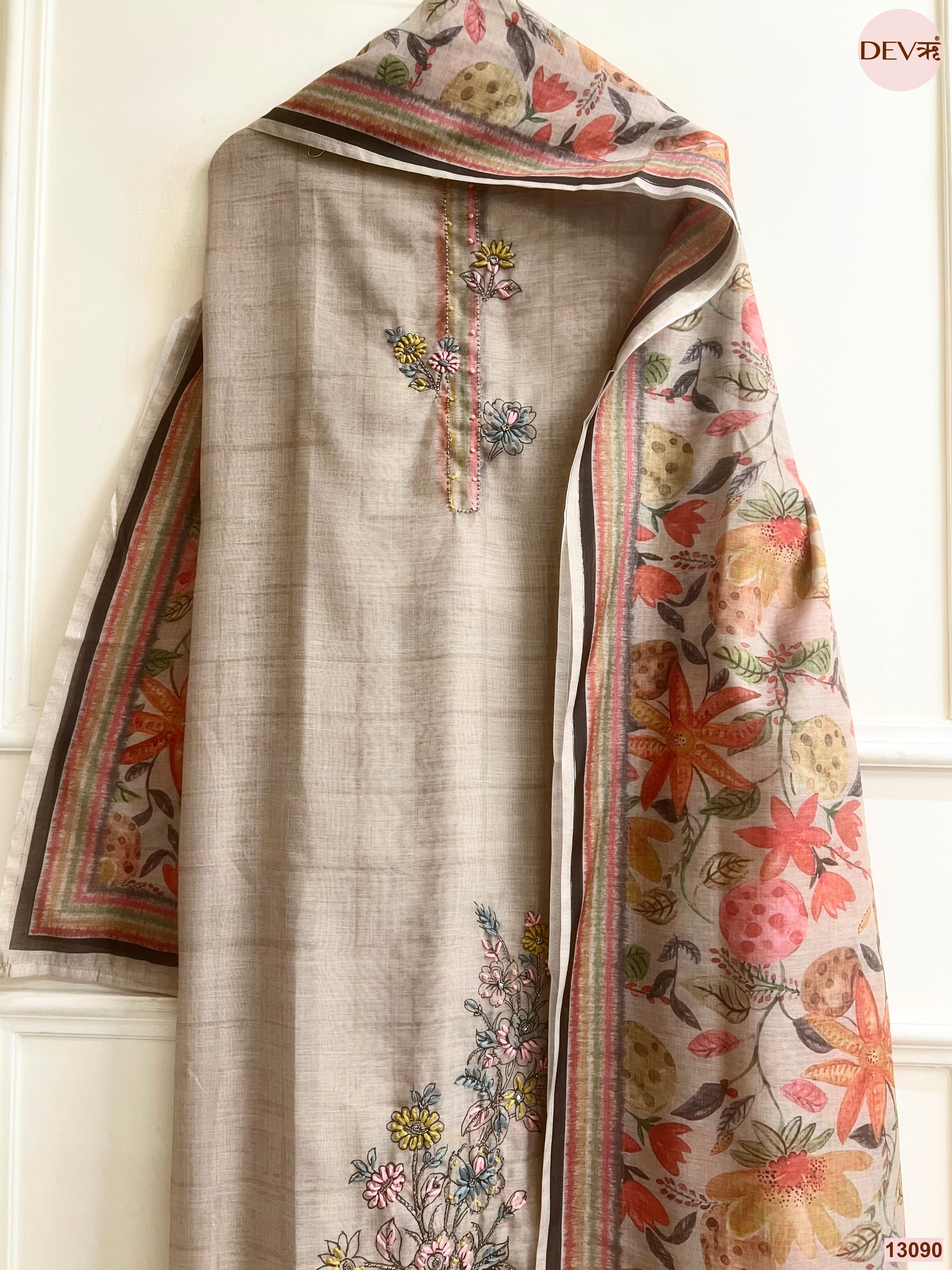 Grey Mul Chanderi Embroidered Unstitched 3-Piece Suit (Devri – D.No 13090)